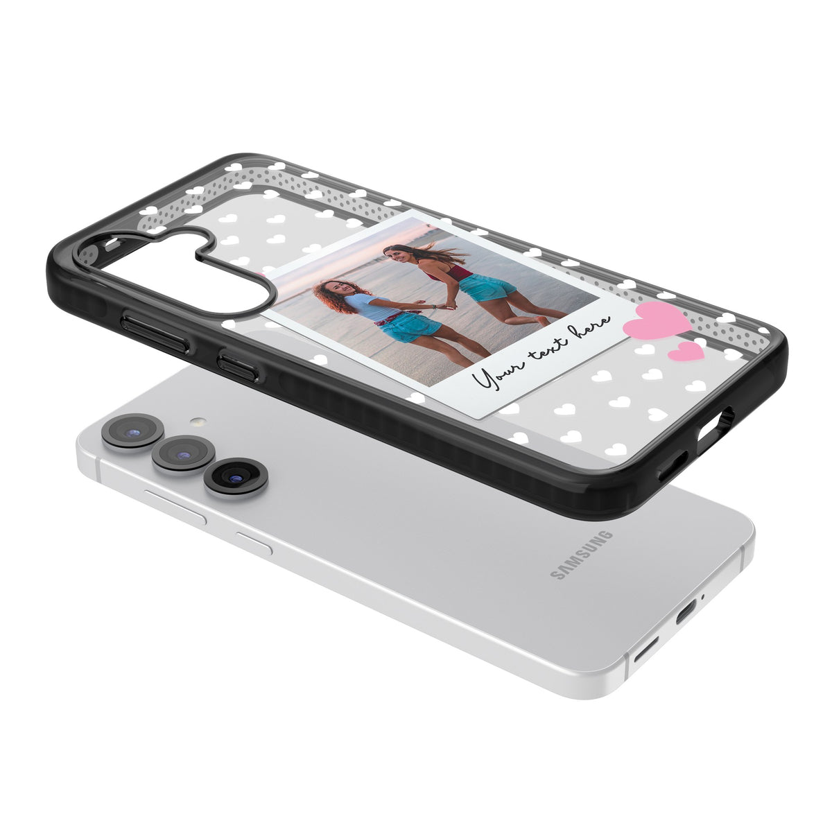 Personalised Hearts Instant Camera Photo Samsung S25 / Samsung S25 Plus / Samsung S26 / Samsung S26 Plus Impact Black Phone Case angled