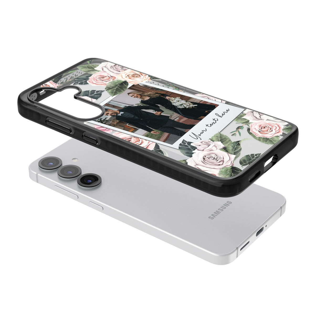 Personalised Floral Polaroid Samsung S25 / Samsung S25 Plus / Samsung S26 / Samsung S26 Plus Impact Black Phone Case angled
