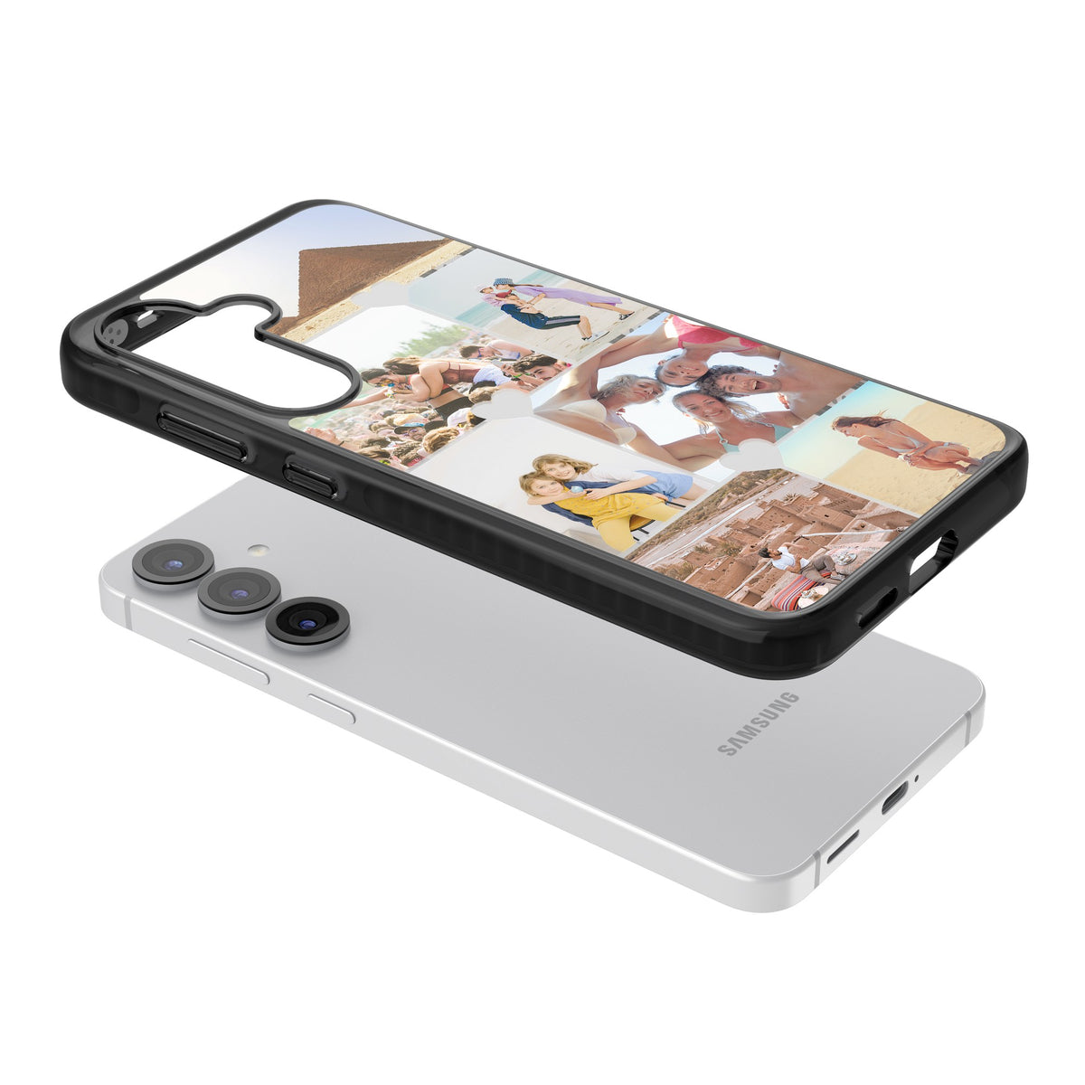Personalised Heart Photo Grid Samsung S25 / Samsung S25 Plus / Samsung S26 / Samsung S26 Plus Impact Black Phone Case angled