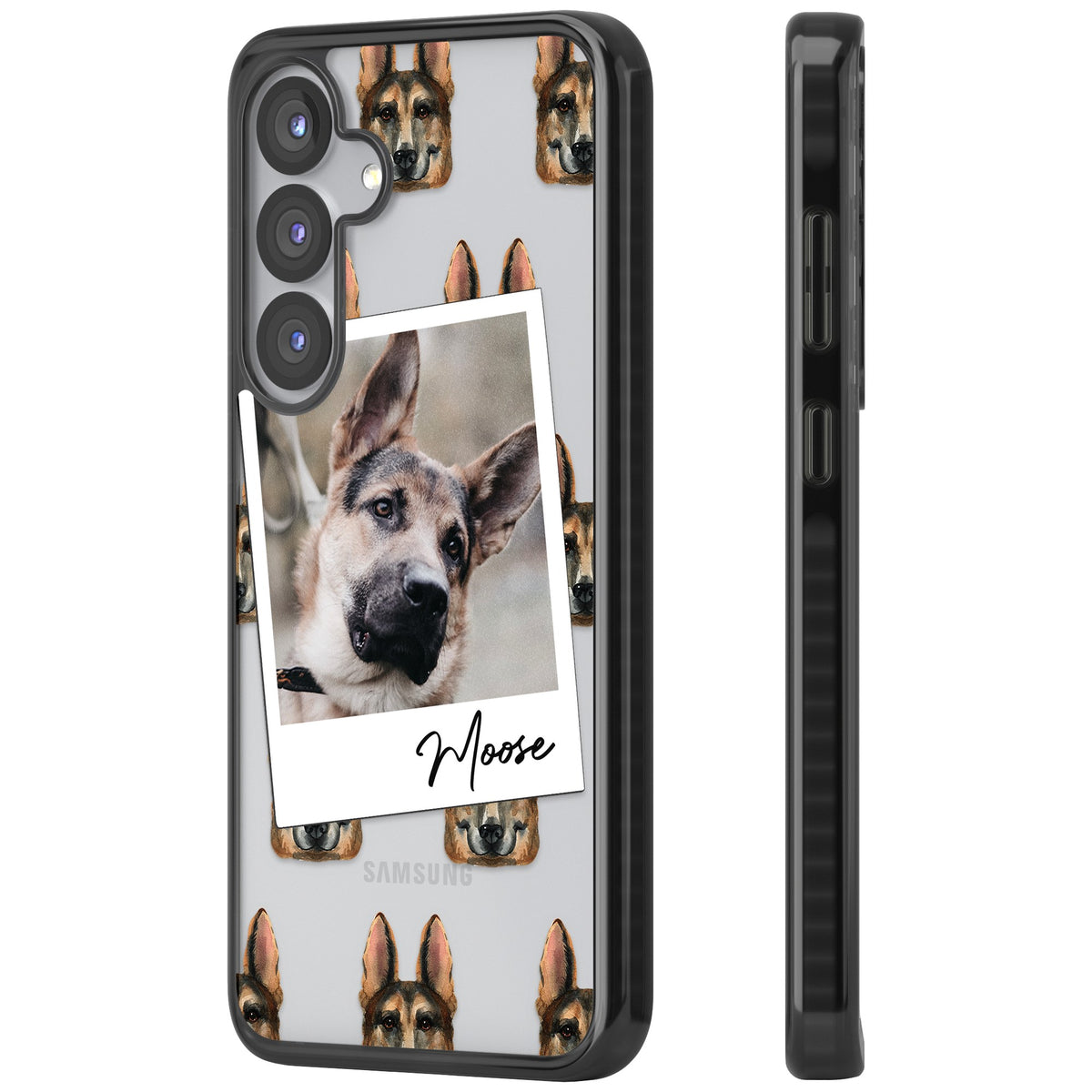 Personalised German Shepherd Instant Camera Photo Samsung S25 / Samsung S25 Plus / Samsung S26 / Samsung S26 Plus Impact Black Phone Case side