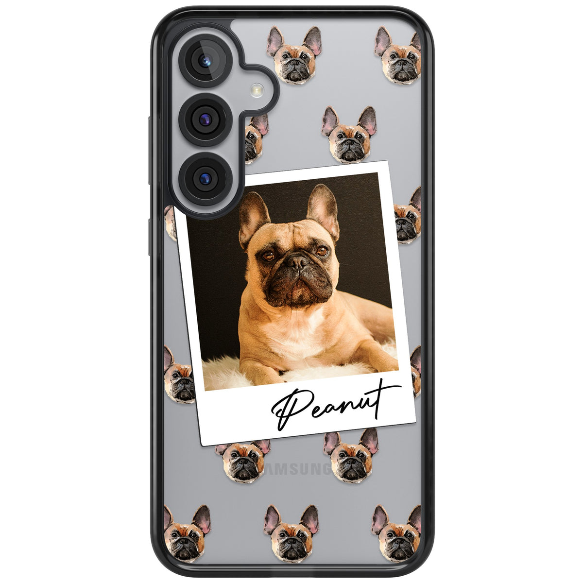 Personalised Tan French Bulldog Instant Camera Photo Samsung S25 Plus / Samsung S26 / Samsung S26 Plus Impact Black Phone Case front