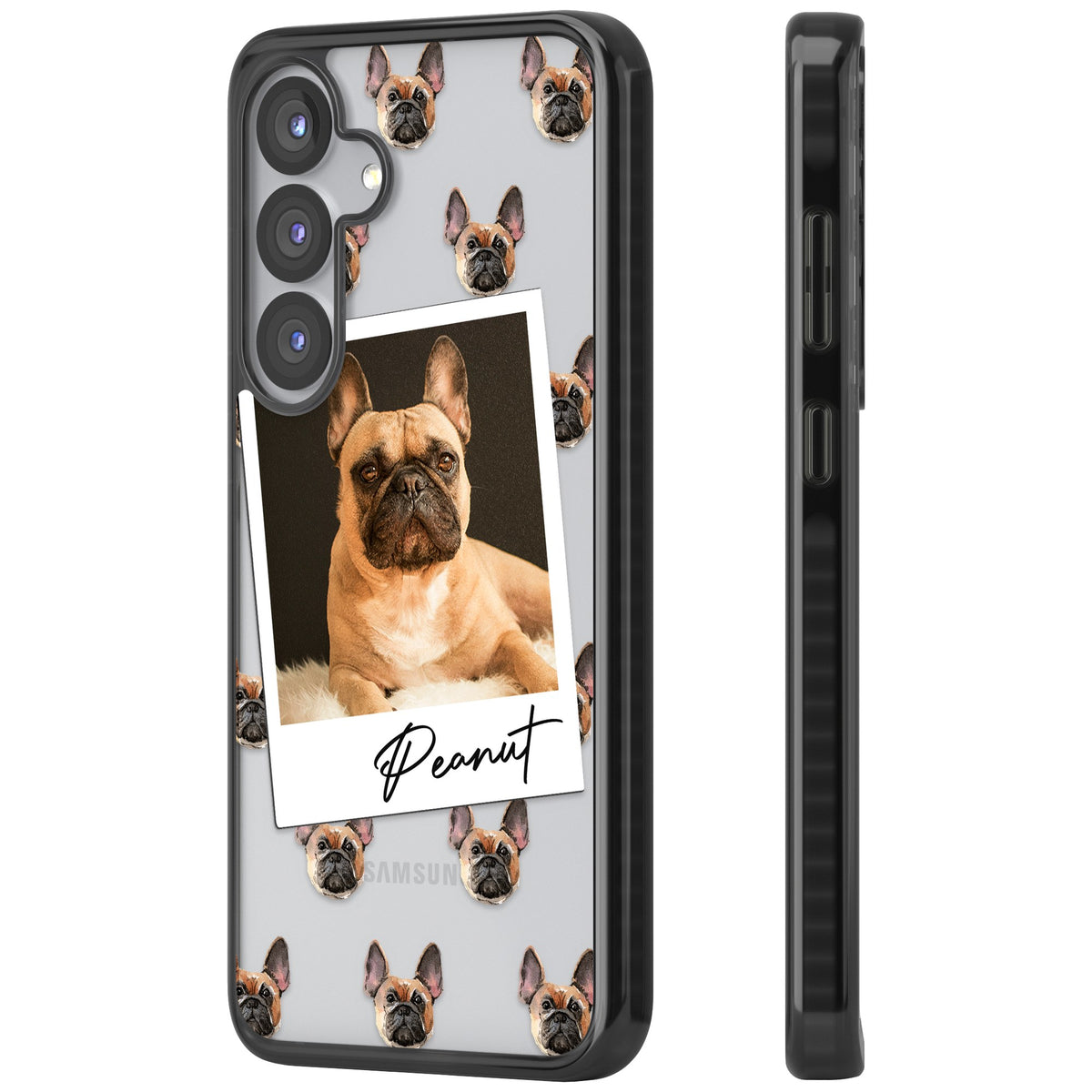 Personalised Tan French Bulldog Instant Camera Photo Samsung S25 / Samsung S25 Plus / Samsung S26 / Samsung S26 Plus Impact Black Phone Case side