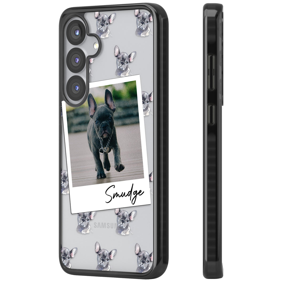 Personalised Grey French Bulldog Instant Camera Photo Samsung S25 / Samsung S25 Plus / Samsung S26 / Samsung S26 Plus Impact Black Phone Case side