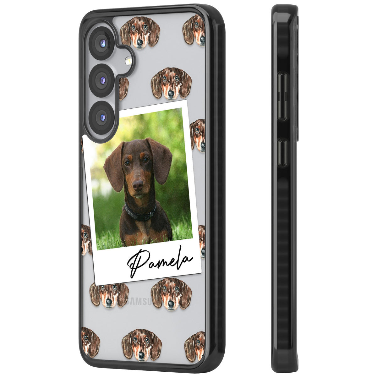Personalised Brown Dachshund Instant Camera Photo Samsung S25 / Samsung S25 Plus / Samsung S26 / Samsung S26 Plus Impact Black Phone Case side