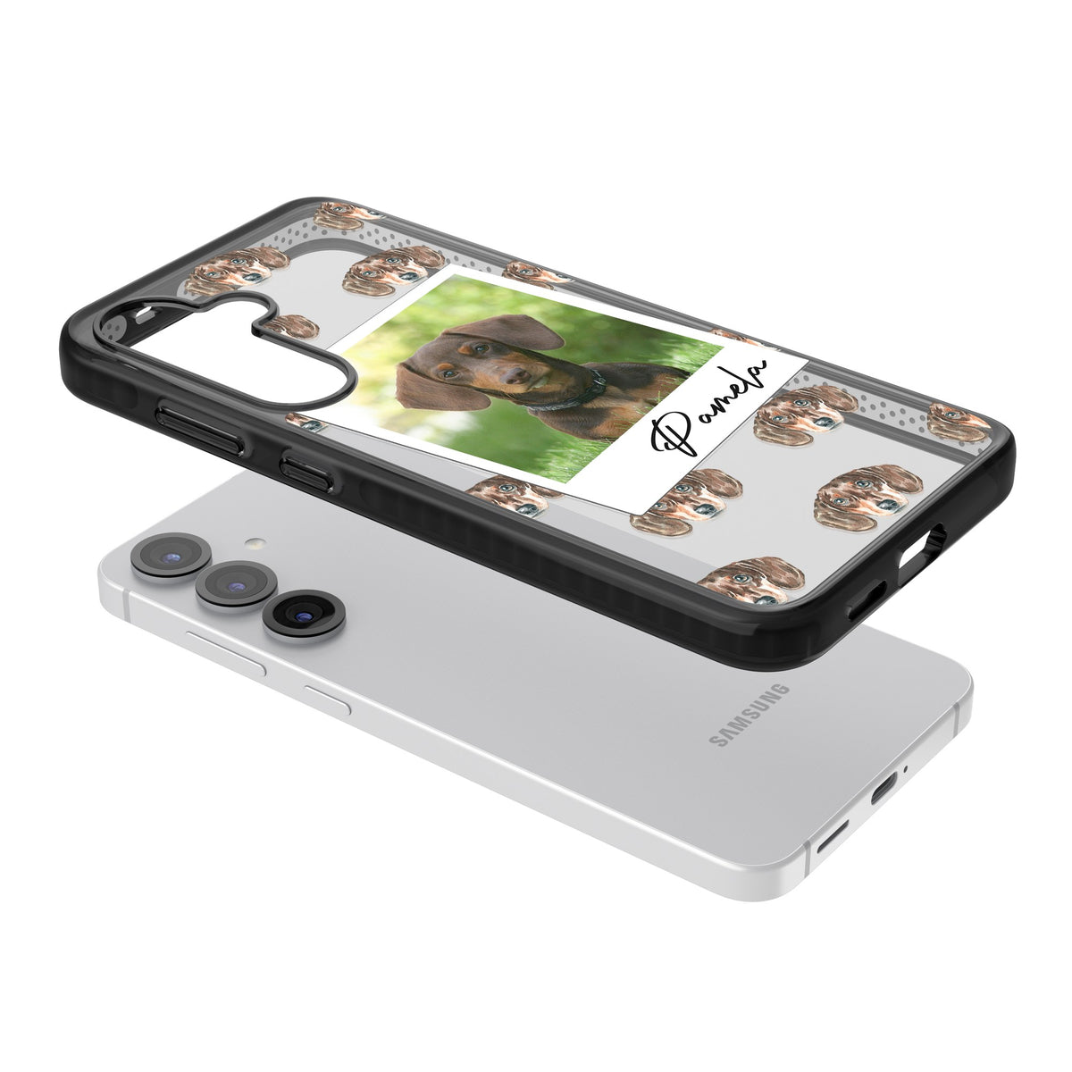 Personalised Brown Dachshund Instant Camera Photo Samsung S25 / Samsung S25 Plus / Samsung S26 / Samsung S26 Plus Impact Black Phone Case angled
