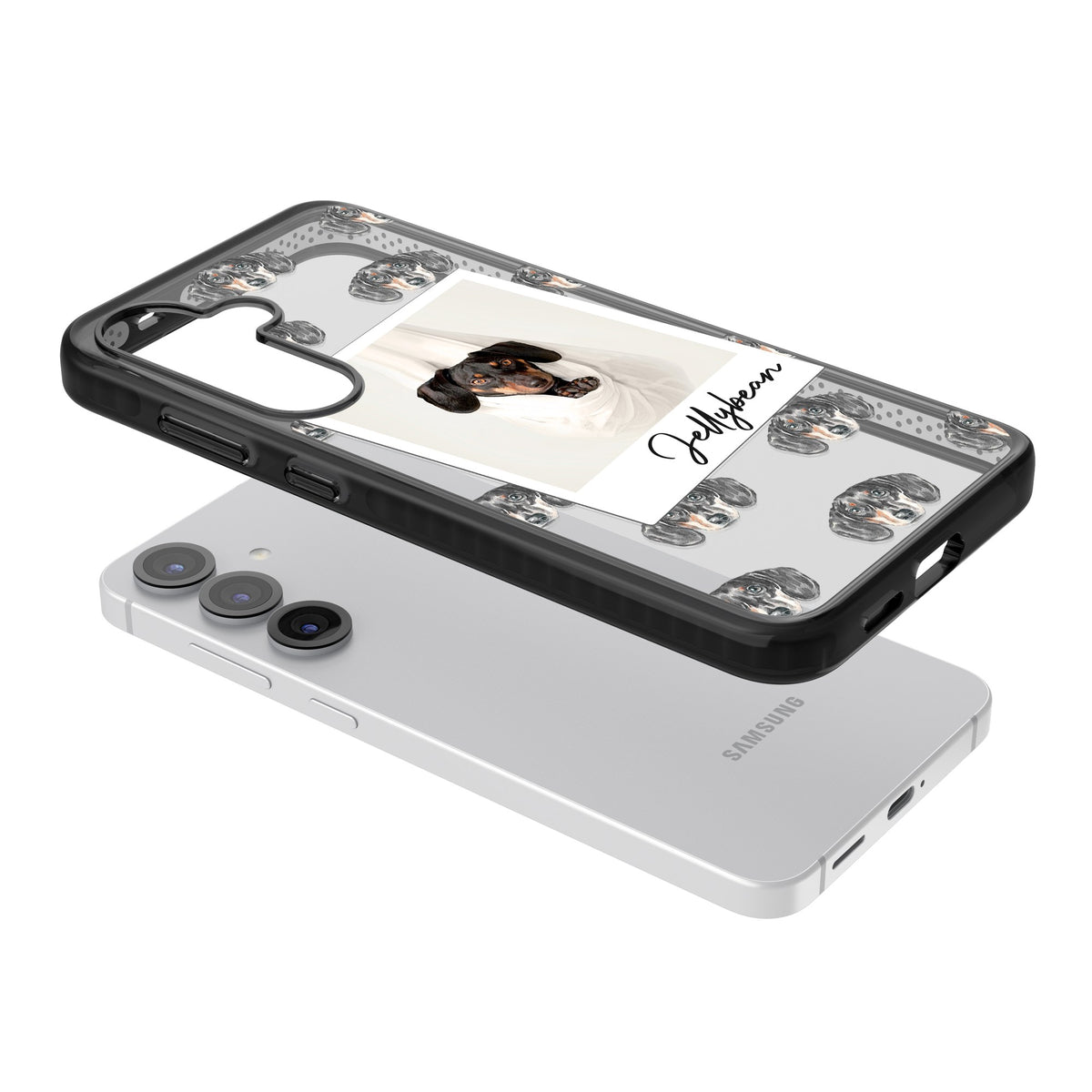 Personalised Black Dachshund Instant Camera Photo Samsung S25 / Samsung S25 Plus / Samsung S26 / Samsung S26 Plus Impact Black Phone Case angled
