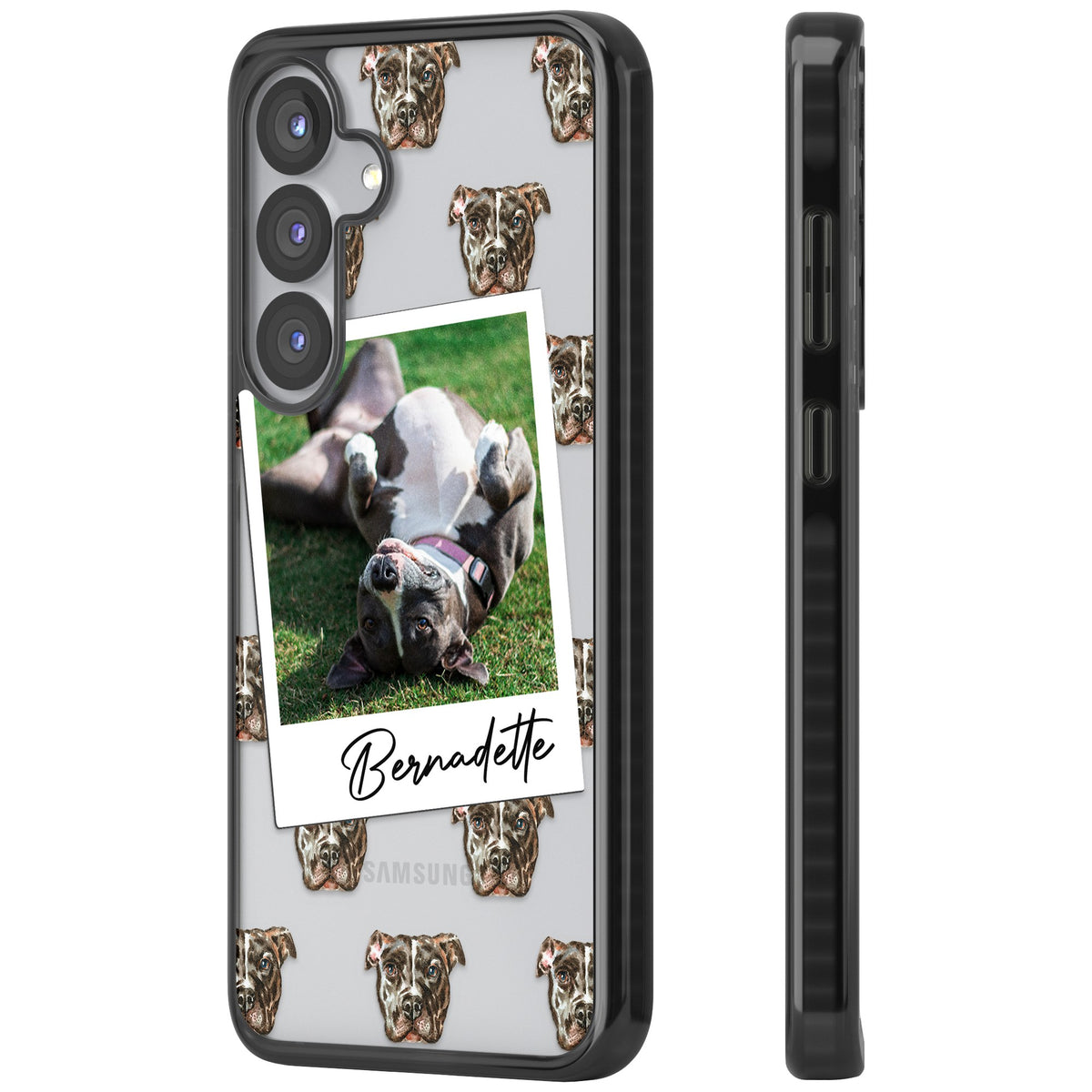 Personalised Staffordshire Bull Terrier Instant Camera Photo Samsung S25 / Samsung S25 Plus / Samsung S26 / Samsung S26 Plus Impact Black Phone Case side