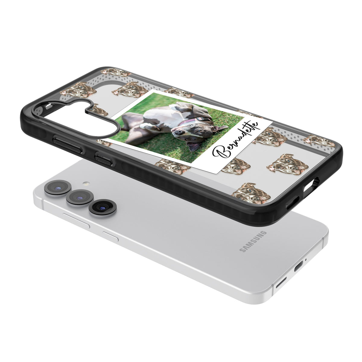 Personalised Staffordshire Bull Terrier Instant Camera Photo Samsung S25 / Samsung S25 Plus / Samsung S26 / Samsung S26 Plus Impact Black Phone Case angled