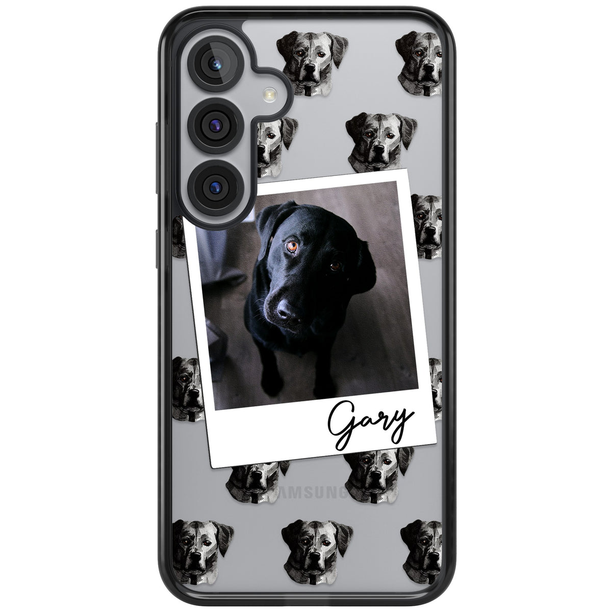 Personalised Black Labrador Instant Camera Photo Samsung S25 Plus / Samsung S26 / Samsung S26 Plus Impact Black Phone Case front