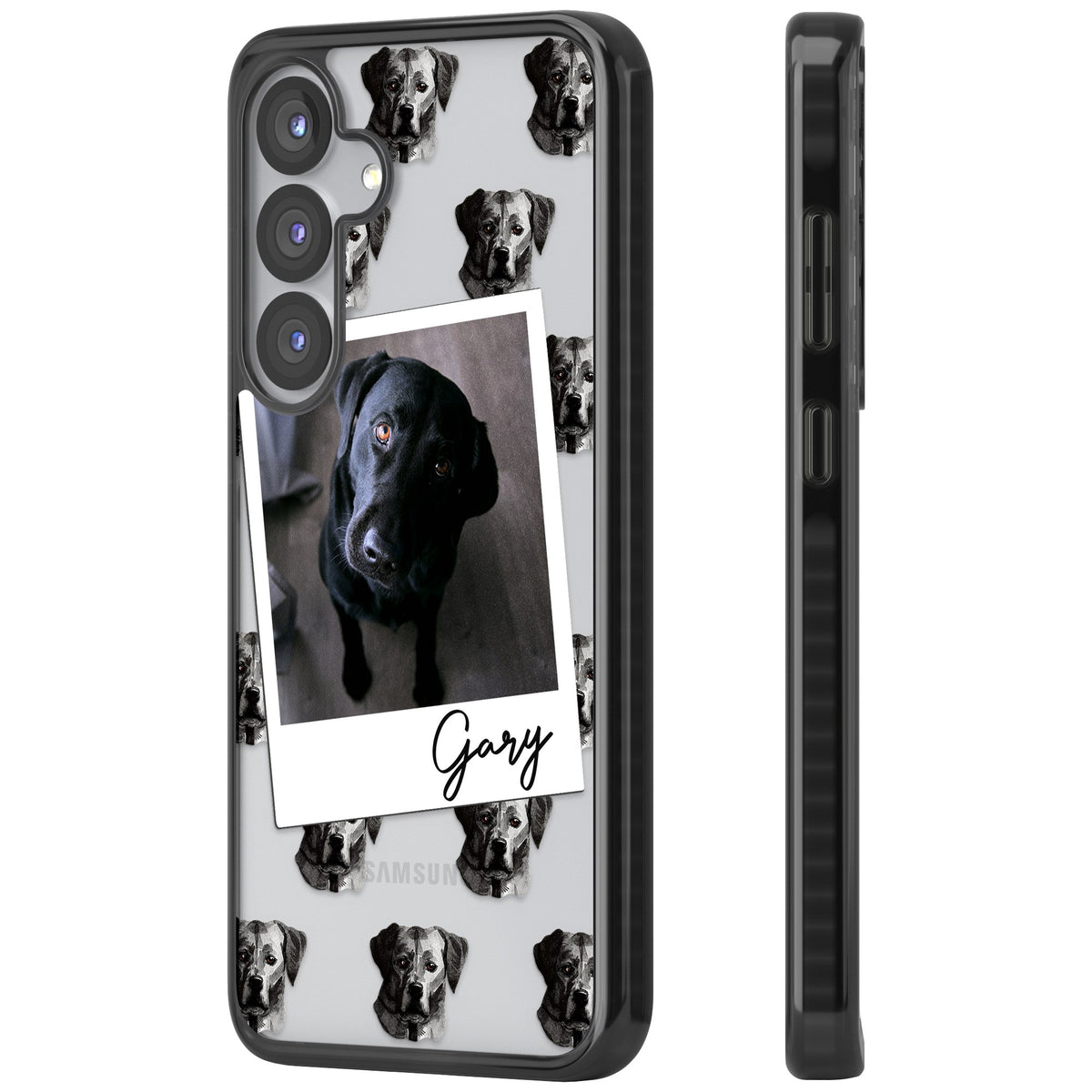 Personalised Black Labrador Instant Camera Photo Samsung S25 / Samsung S25 Plus / Samsung S26 / Samsung S26 Plus Impact Black Phone Case side