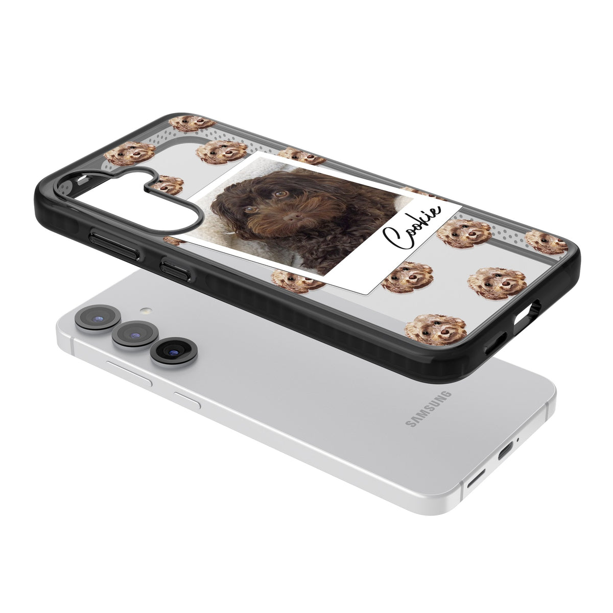 Personalised Brown Cockapoo Instant Camera Photo Samsung S25 / Samsung S25 Plus / Samsung S26 / Samsung S26 Plus Impact Black Phone Case angled