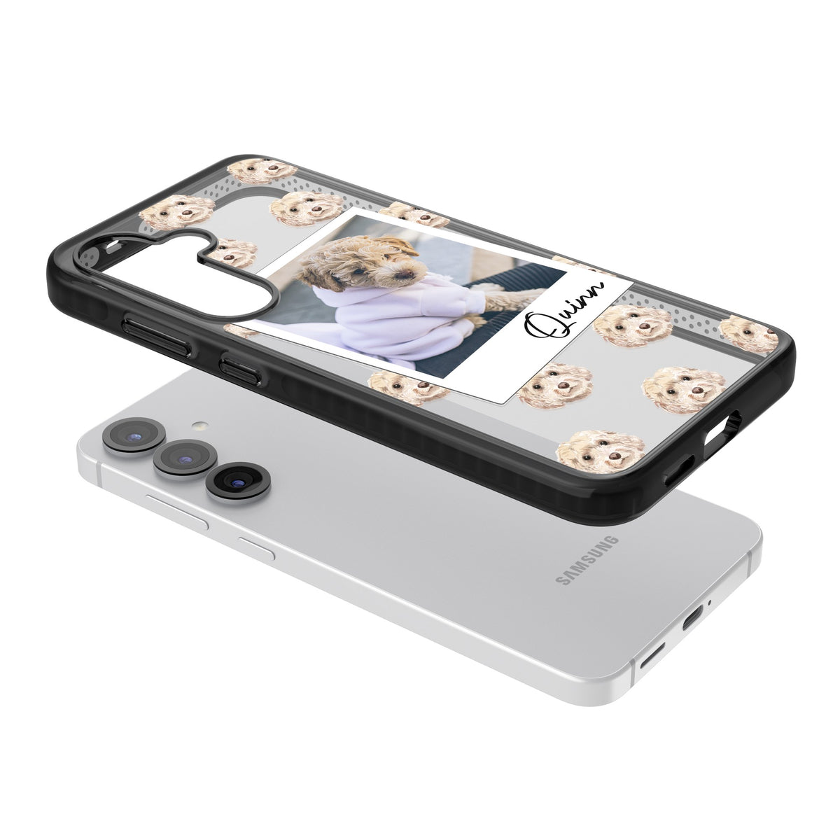 Personalised Cream Cockapoo Instant Camera Photo Samsung S25 / Samsung S25 Plus / Samsung S26 / Samsung S26 Plus Impact Black Phone Case angled