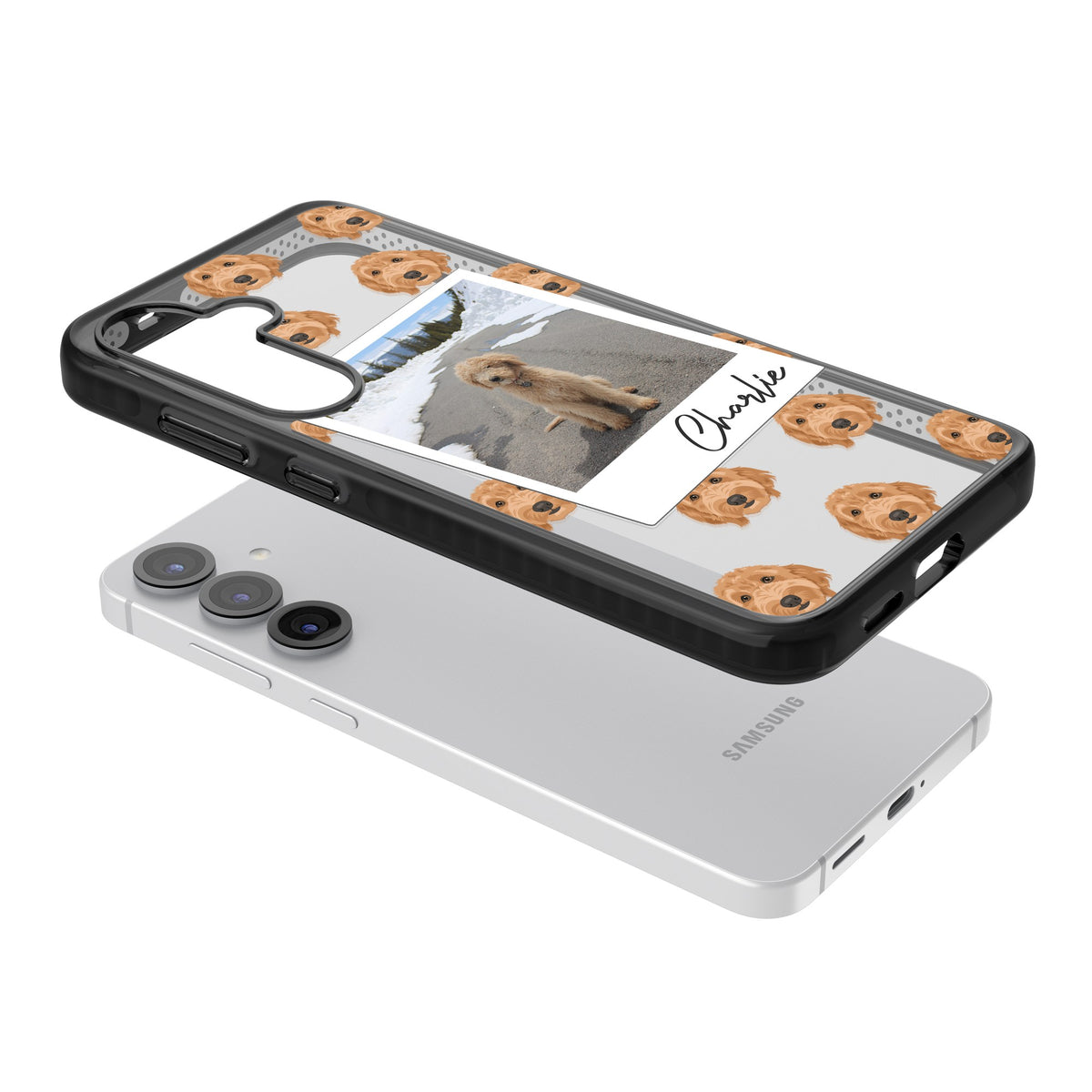 Personalised Golden Doodle Dog Photo Samsung S25 / Samsung S25 Plus / Samsung S26 / Samsung S26 Plus Impact Black Phone Case angled