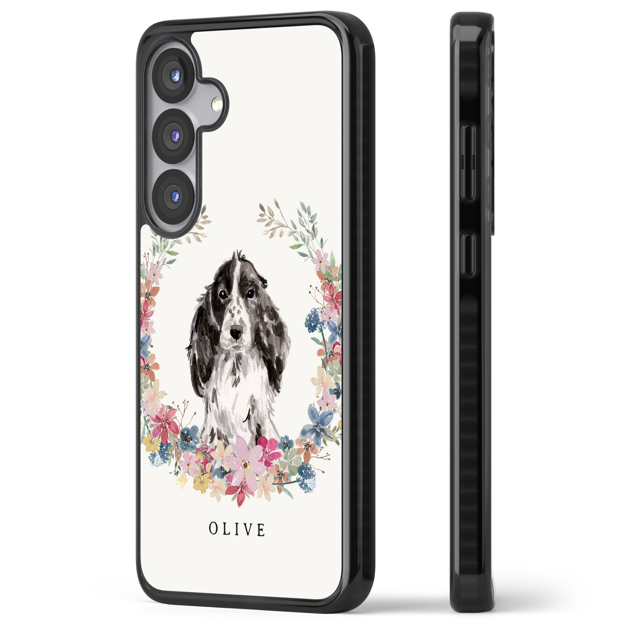 Personalised Black Cocker Spaniel Floral Portrait