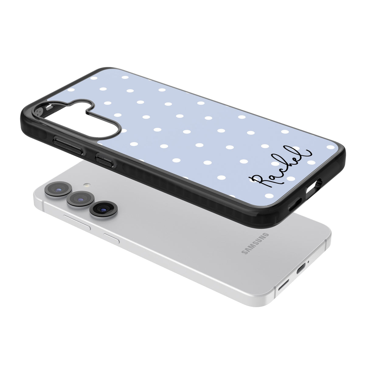 Personalised Powder Blue Dots Samsung S25 / Samsung S25 Plus / Samsung S26 / Samsung S26 Plus Impact Black Phone Case angled