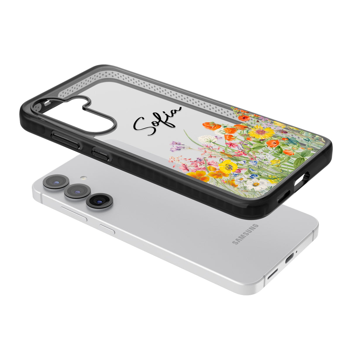 Personalised Summer Wildflowers Samsung S25 / Samsung S25 Plus / Samsung S26 / Samsung S26 Plus Impact Black Phone Case angled