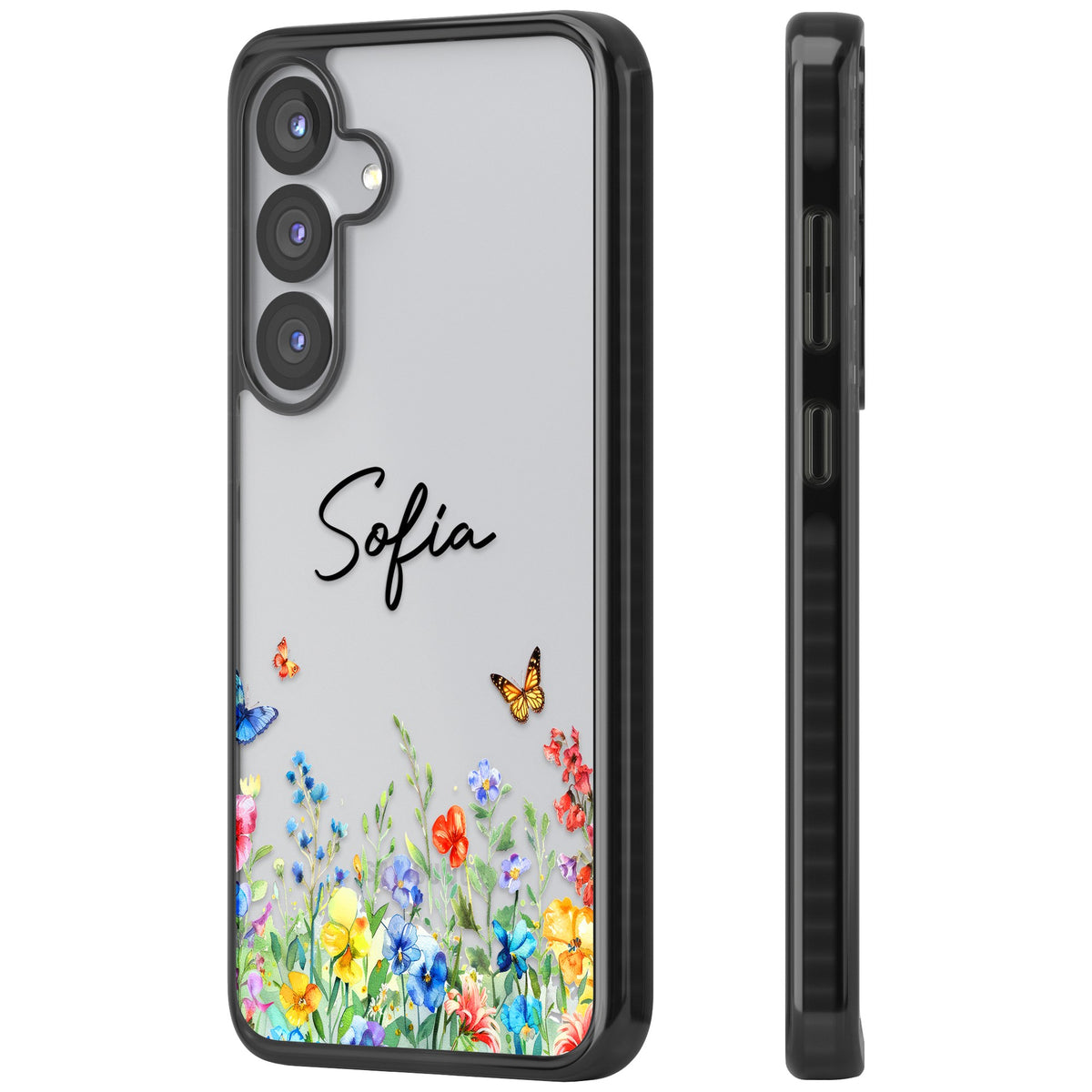 Personalised Buterflies Wildflowers Samsung S25 / Samsung S25 Plus / Samsung S26 / Samsung S26 Plus Impact Black Phone Case side