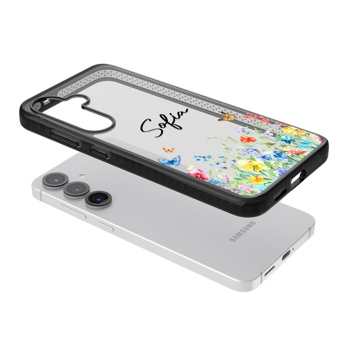 Personalised Buterflies Wildflowers Samsung S25 / Samsung S25 Plus / Samsung S26 / Samsung S26 Plus Impact Black Phone Case angled