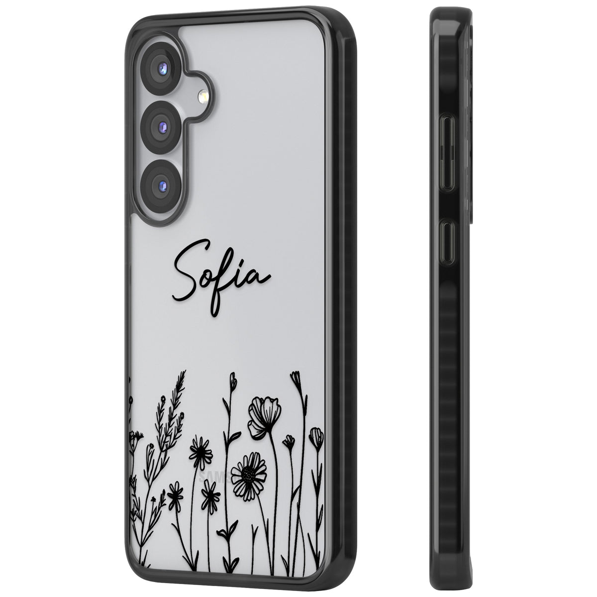 Personalised Black Wildflowers Samsung S25 / Samsung S25 Plus / Samsung S26 / Samsung S26 Plus Impact Black Phone Case side