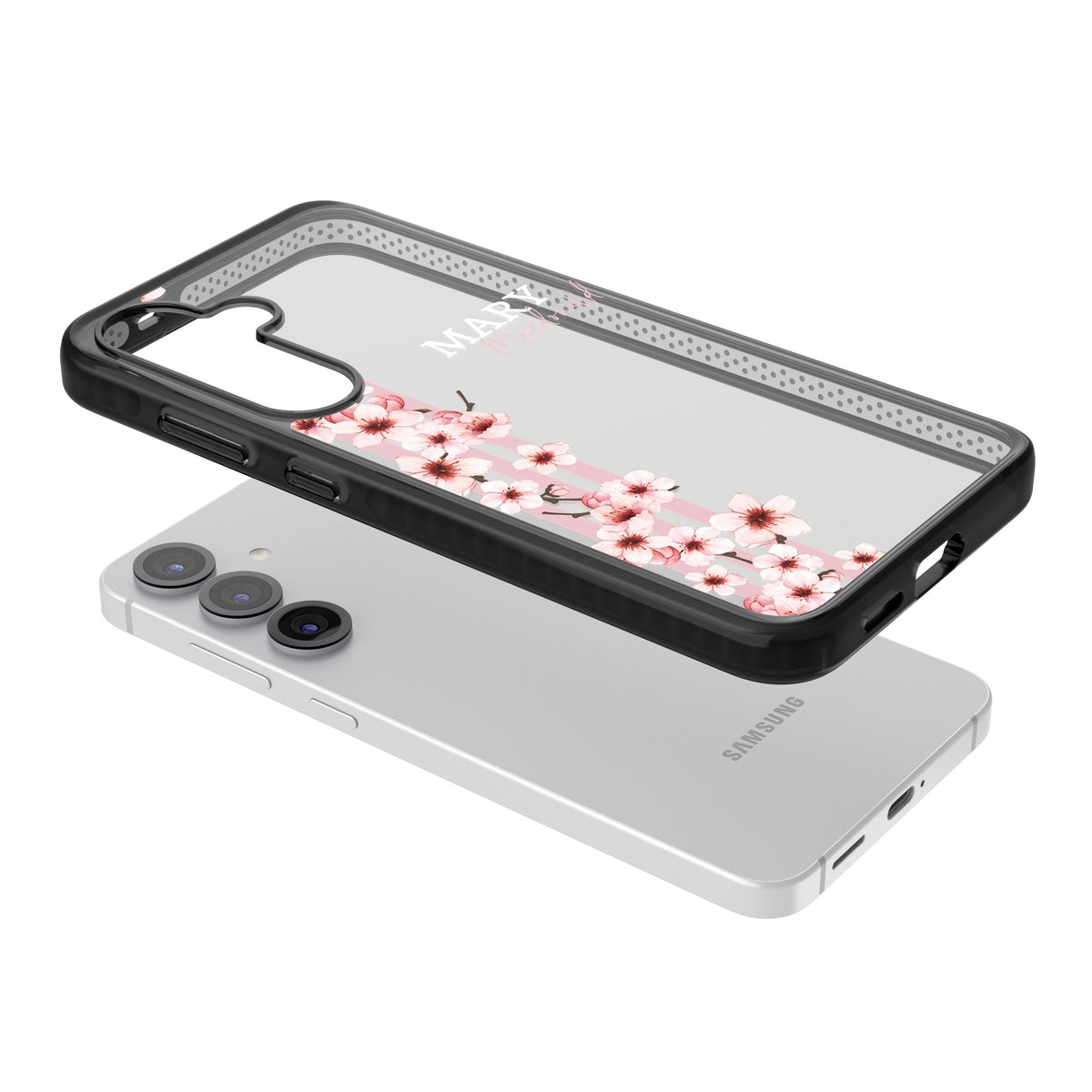 Personalised Cherry Blossom Stripe Samsung S25 / Samsung S25 Plus / Samsung S26 / Samsung S26 Plus Impact Black Phone Case angled