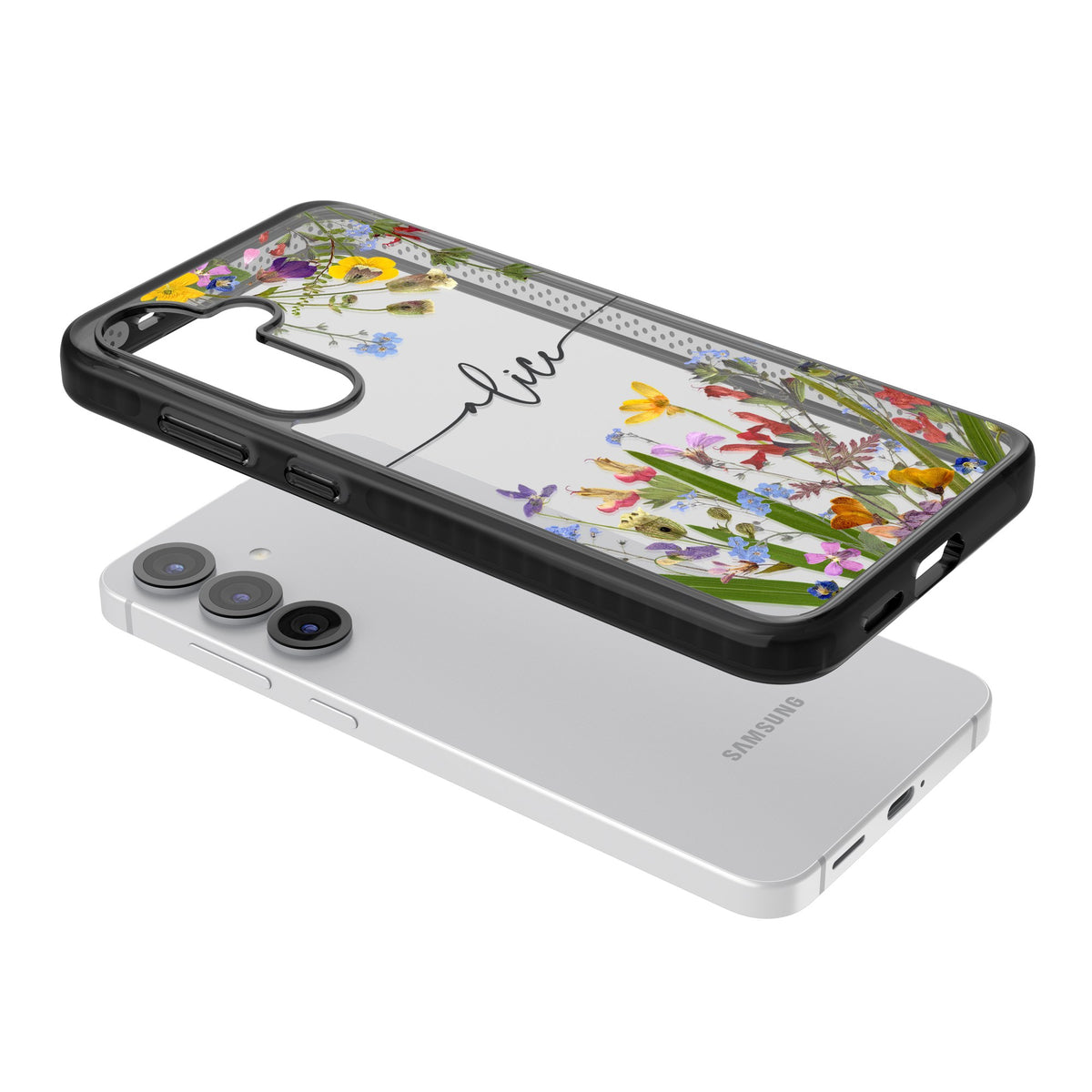 Personalised Wildflower Name Samsung S25 / Samsung S25 Plus / Samsung S26 / Samsung S26 Plus Impact Black Phone Case angled