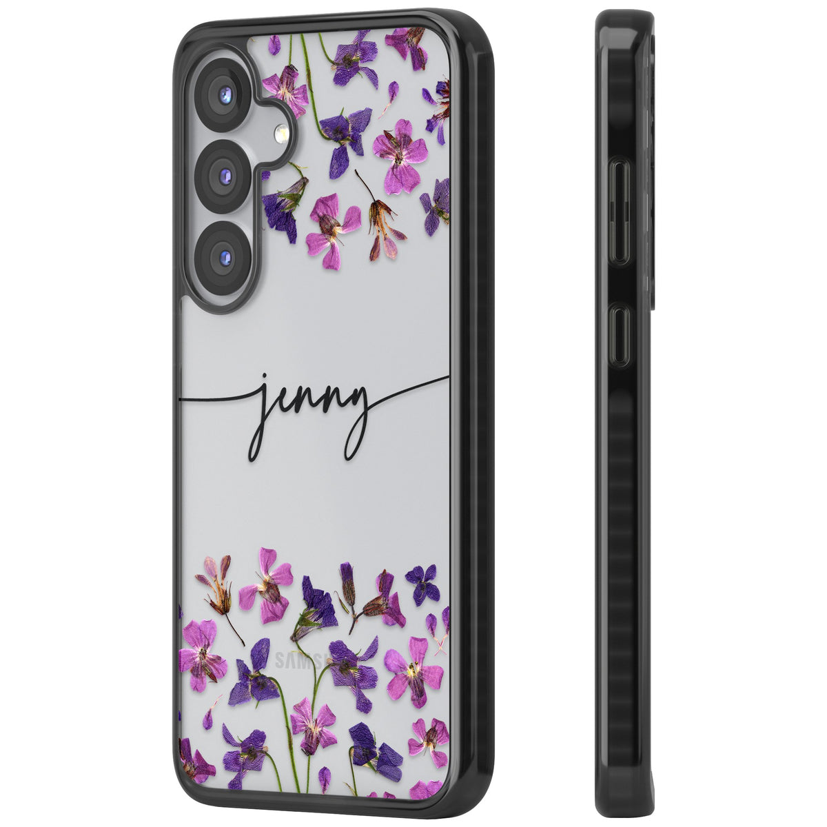 Personalised Purple Wildflowers Samsung S25 / Samsung S25 Plus / Samsung S26 / Samsung S26 Plus Impact Black Phone Case side