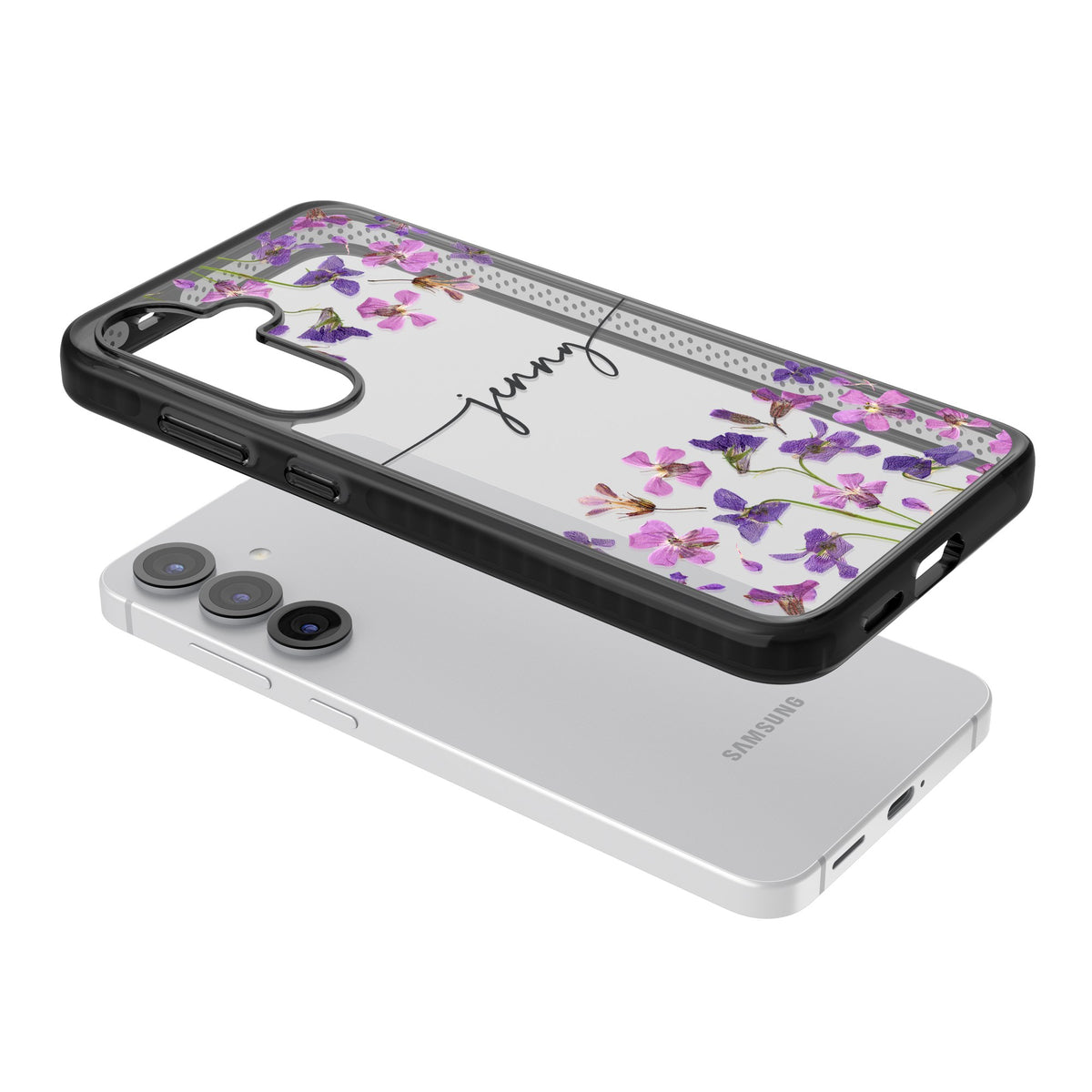 Personalised Purple Wildflowers Samsung S25 / Samsung S25 Plus / Samsung S26 / Samsung S26 Plus Impact Black Phone Case angled