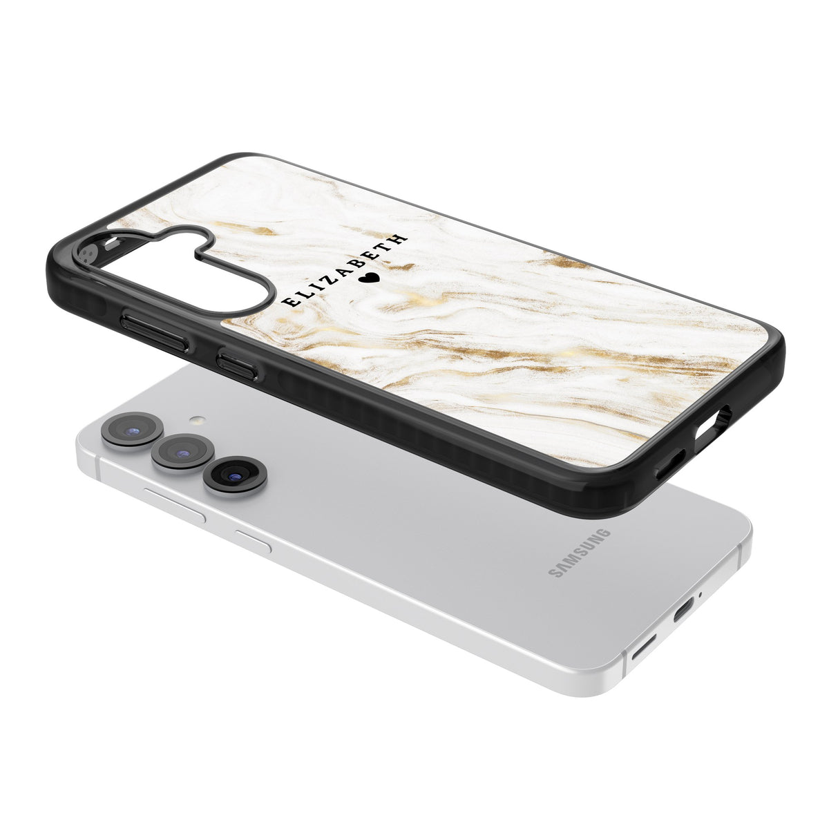 Personalised White Gilded Marble Samsung S25 / Samsung S25 Plus / Samsung S26 / Samsung S26 Plus Impact Black Phone Case angled