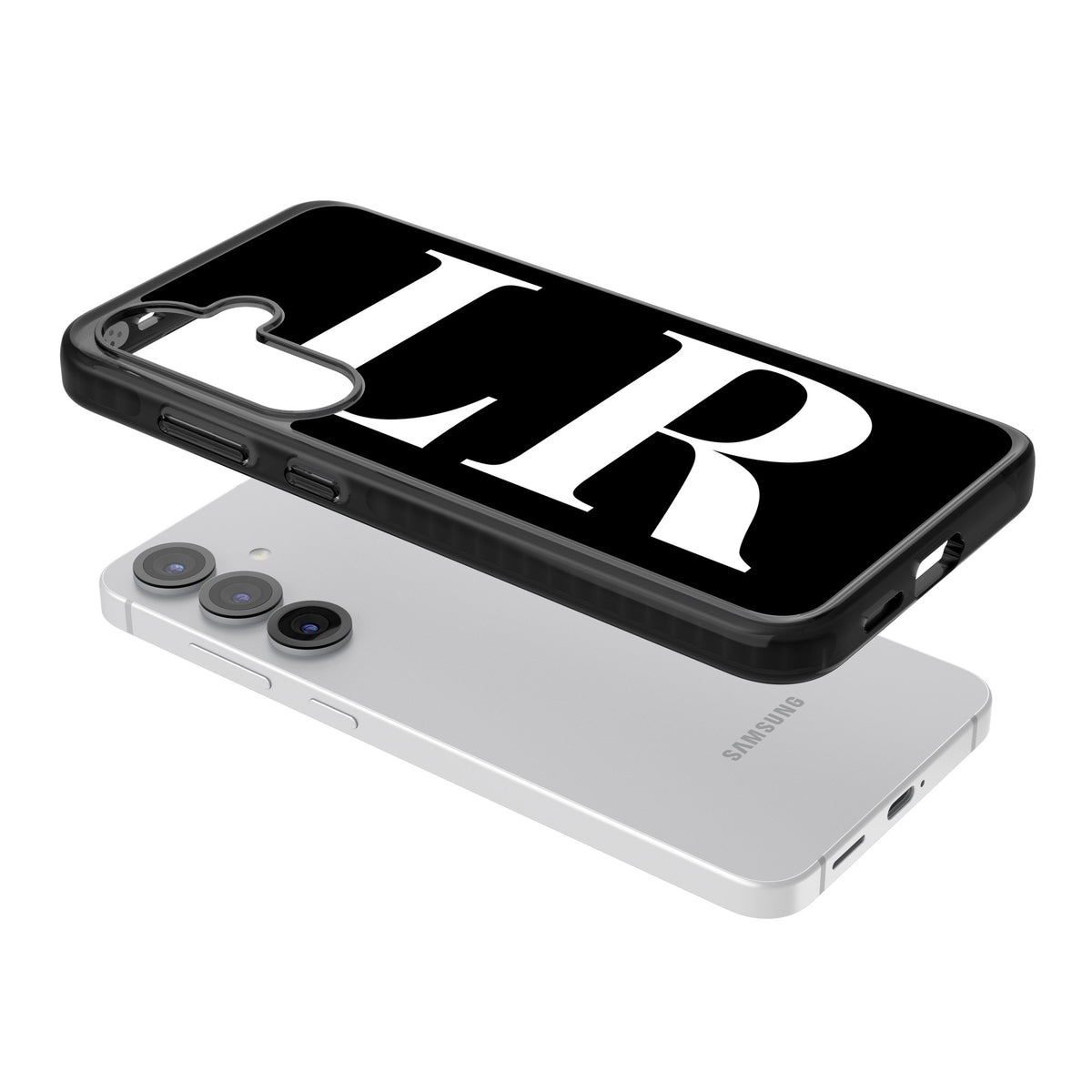 Personalised White & Black Letters Samsung S25 / Samsung S25 Plus / Samsung S26 / Samsung S26 Plus Impact Black Phone Case angled