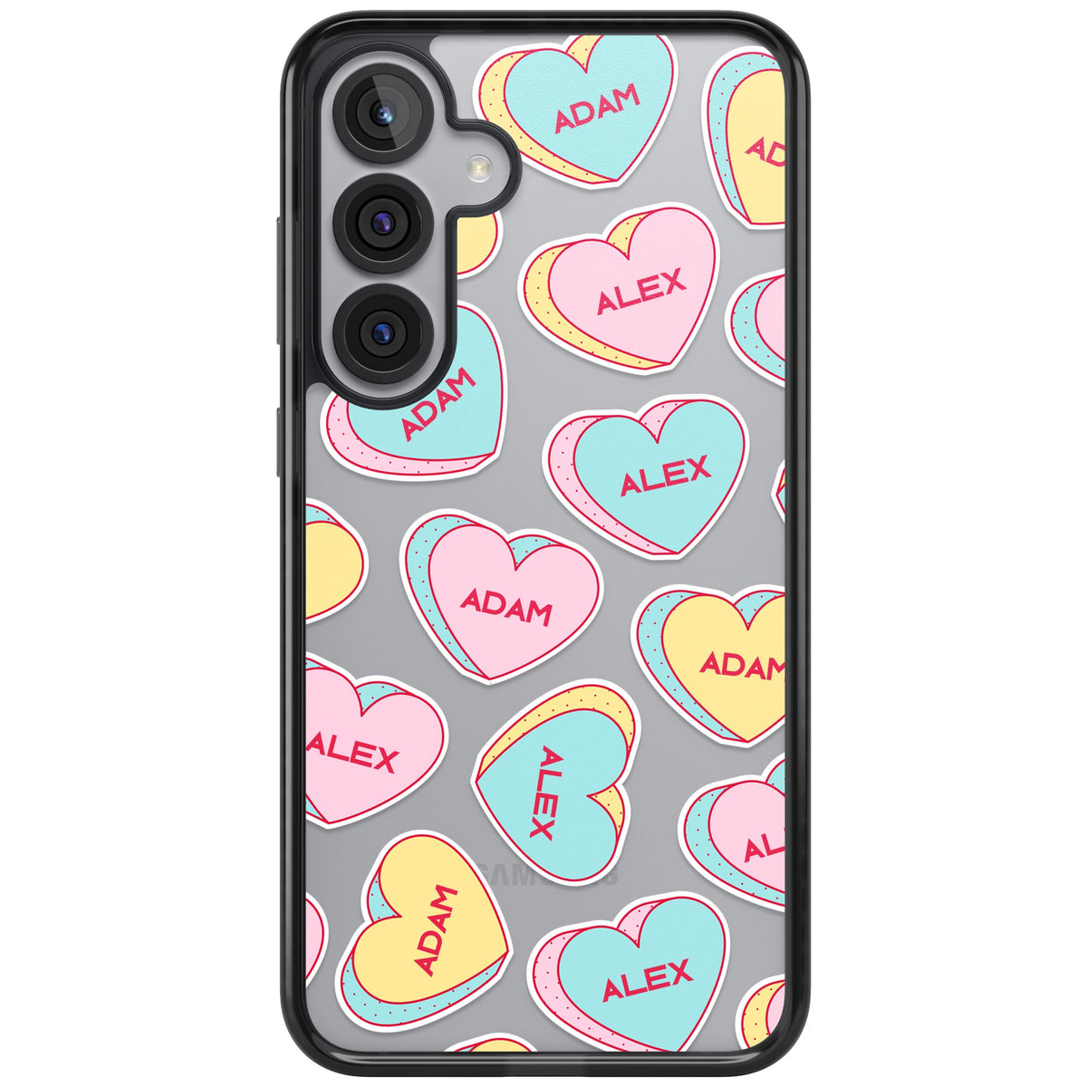 Personalised Love Heart Sweets Samsung S25 Plus / Samsung S26 / Samsung S26 Plus Impact Black Phone Case front