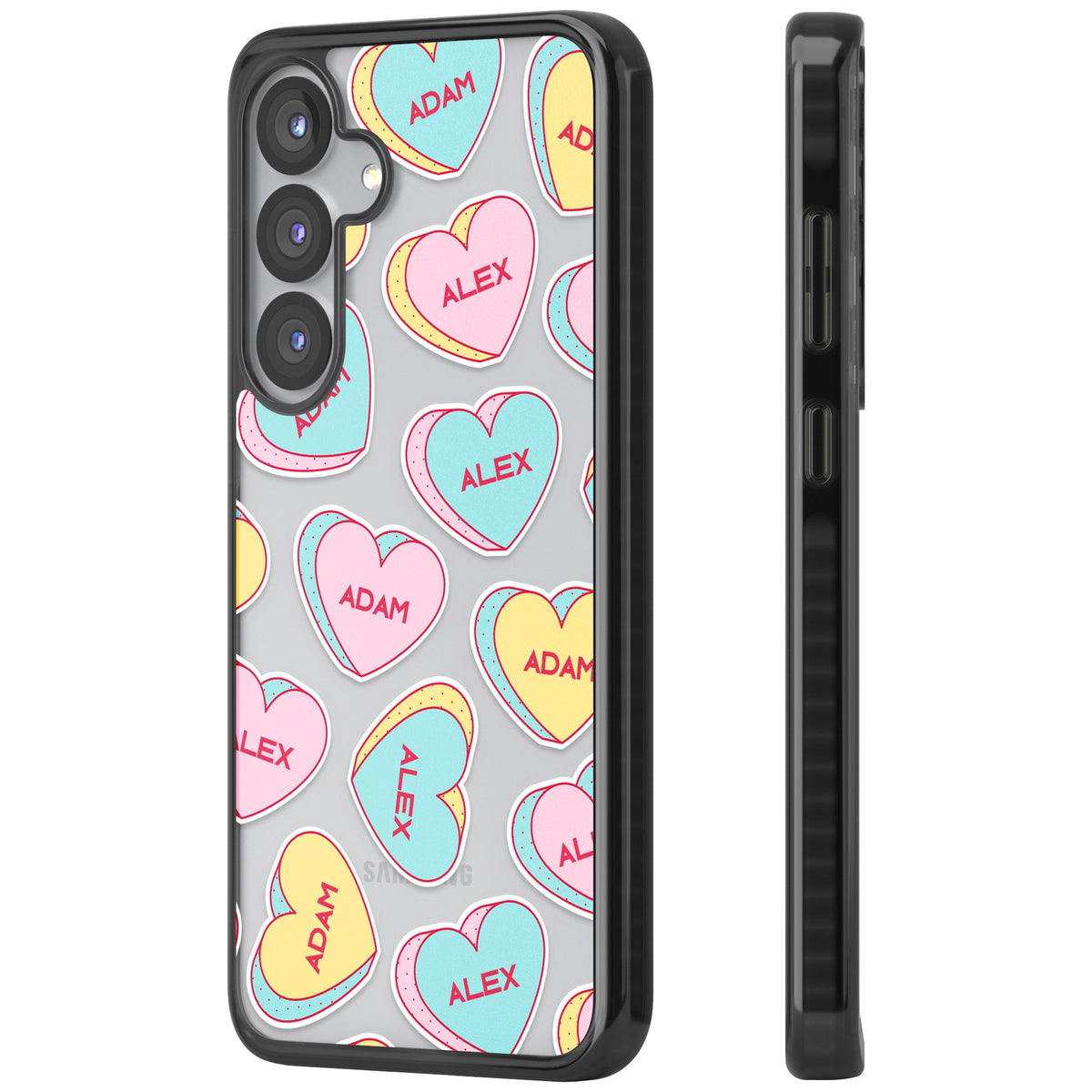 Personalised Love Heart Sweets Samsung S25 / Samsung S25 Plus / Samsung S26 / Samsung S26 Plus Impact Black Phone Case side