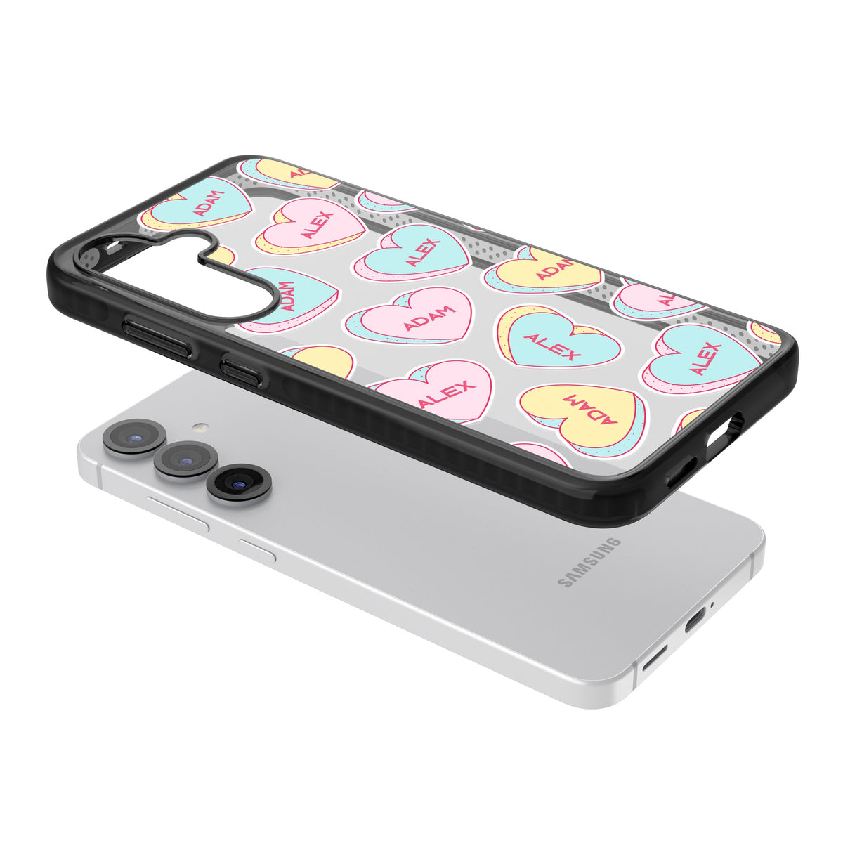 Personalised Love Heart Sweets Samsung S25 / Samsung S25 Plus / Samsung S26 / Samsung S26 Plus Impact Black Phone Case angled