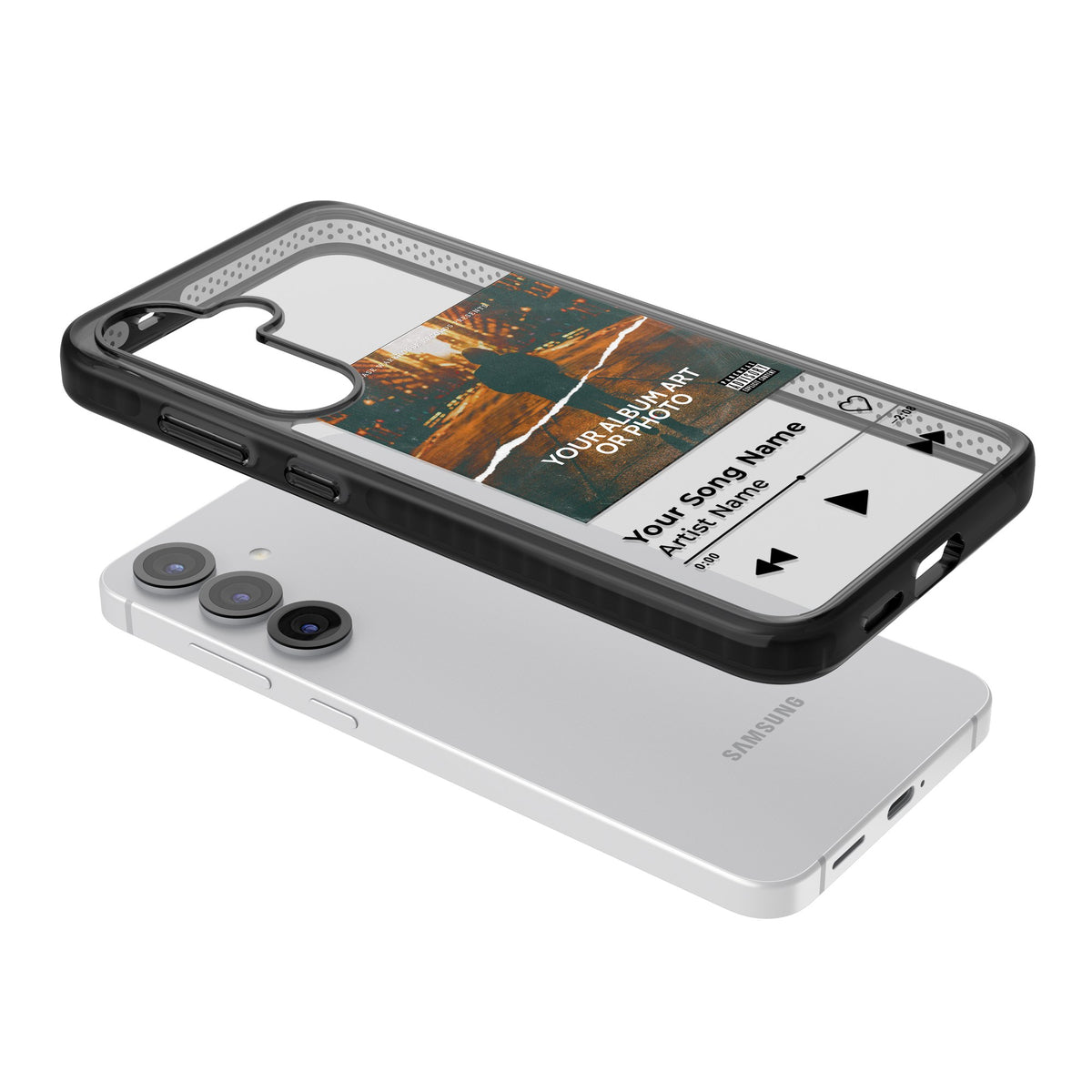 Personalised Music Player Samsung S25 / Samsung S25 Plus / Samsung S26 / Samsung S26 Plus Impact Black Phone Case angled