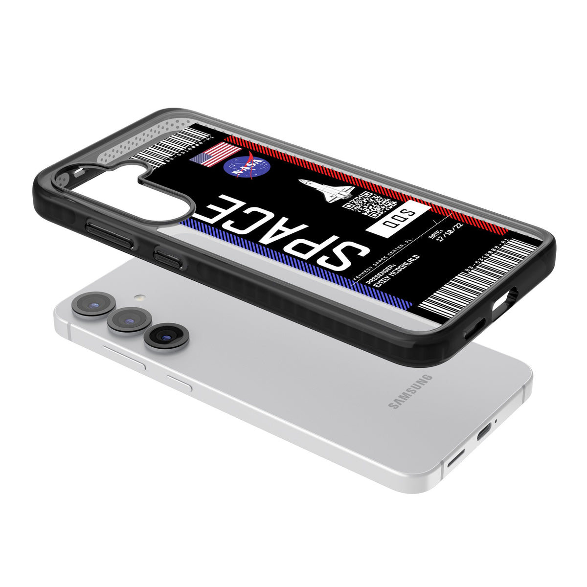 Personalised Nasa Boarding Pass (Dark) Samsung S25 / Samsung S25 Plus / Samsung S26 / Samsung S26 Plus Impact Black Phone Case angled