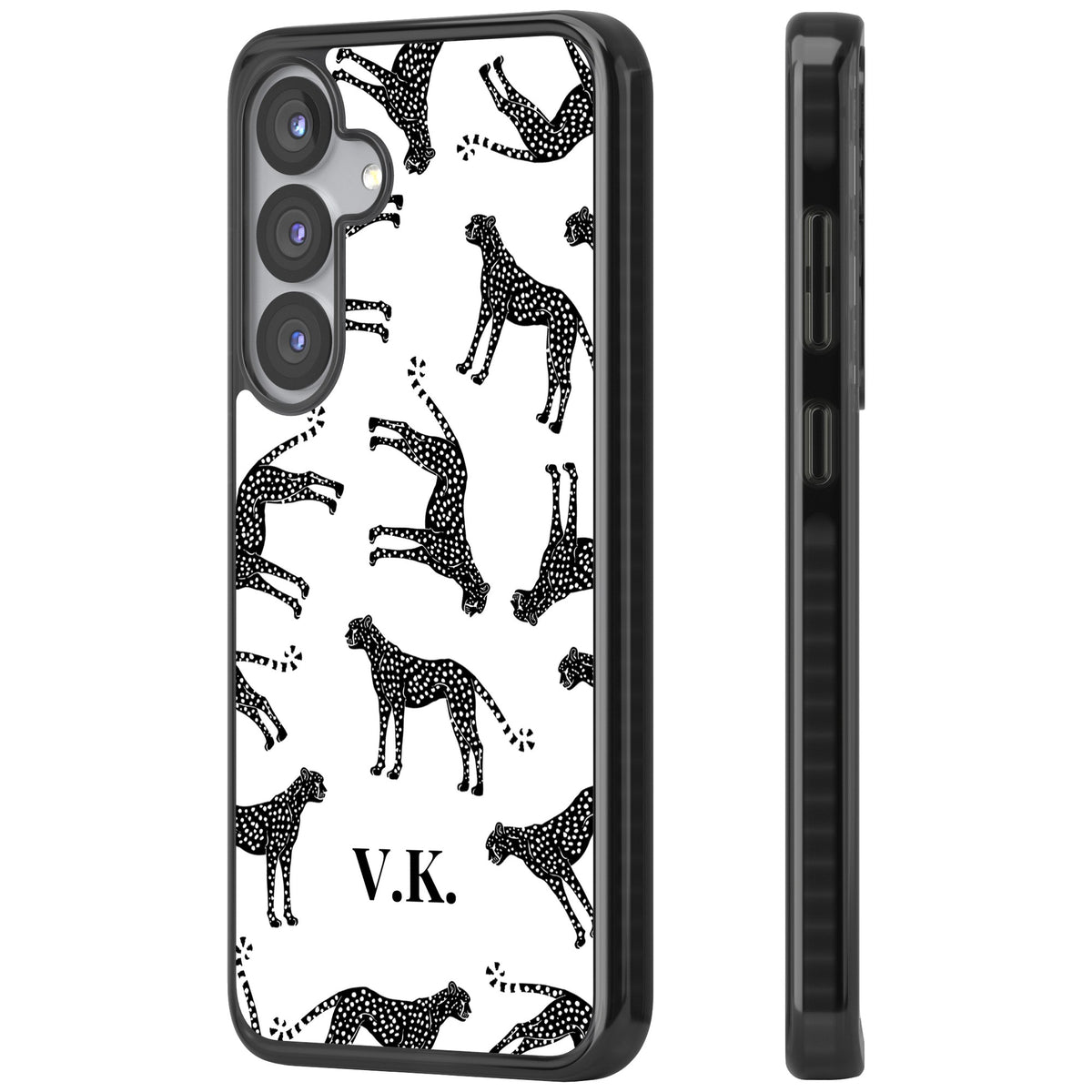Personalised Monochrome Cheetahs Samsung S25 / Samsung S25 Plus / Samsung S26 / Samsung S26 Plus Impact Black Phone Case side