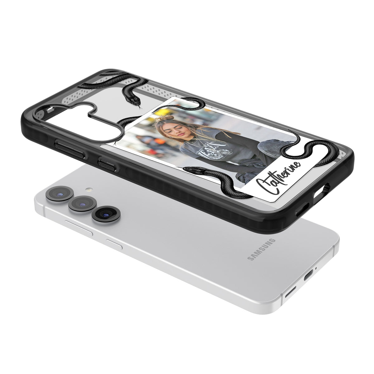 Personalised Snake Instant Photo Samsung S25 / Samsung S25 Plus / Samsung S26 / Samsung S26 Plus Impact Black Phone Case angled
