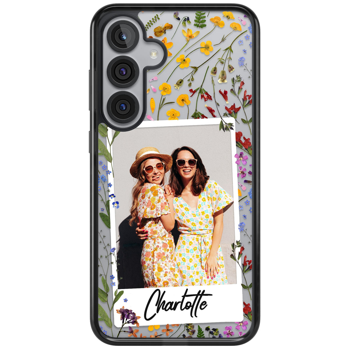 Personalised Wildflower Polaroid Samsung S25 Plus / Samsung S26 / Samsung S26 Plus Impact Black Phone Case front
