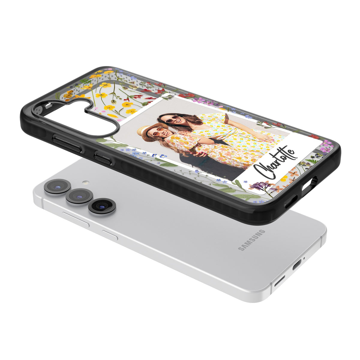 Personalised Wildflower Polaroid Samsung S25 / Samsung S25 Plus / Samsung S26 / Samsung S26 Plus Impact Black Phone Case angled