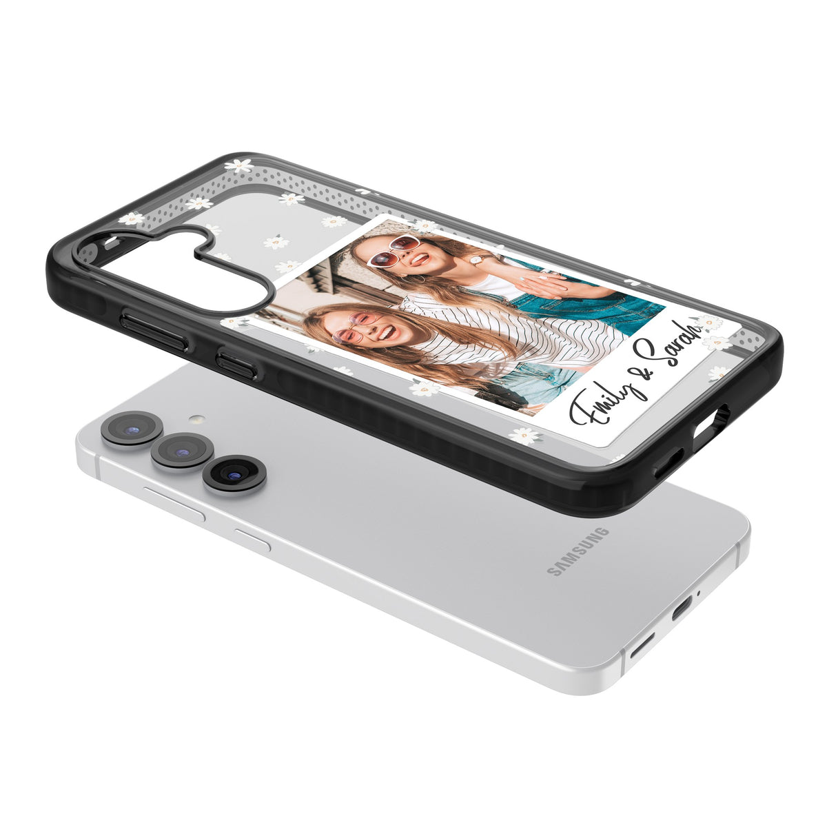 Personalised Daisy Polaroid Samsung S25 / Samsung S25 Plus / Samsung S26 / Samsung S26 Plus Impact Black Phone Case angled