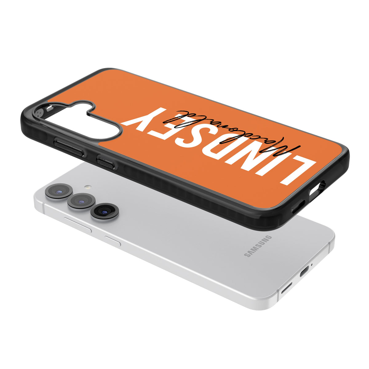 Personalised Bold Name: Orange Samsung S25 / Samsung S25 Plus / Samsung S26 / Samsung S26 Plus Impact Black Phone Case angled