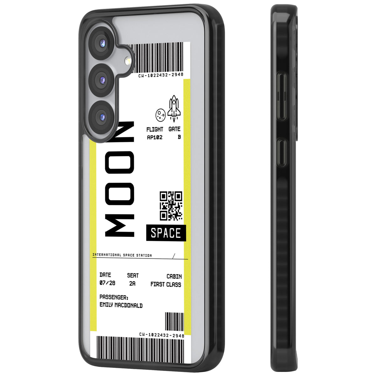 Personalised Moon Travel Ticket Samsung S25 / Samsung S25 Plus / Samsung S26 / Samsung S26 Plus Impact Black Phone Case side