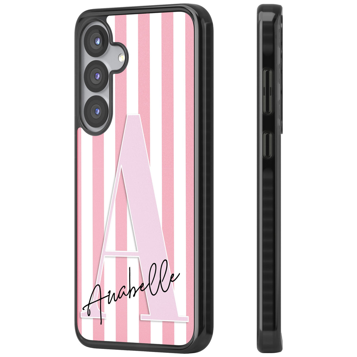 Personalised Soft Pink Stripes Samsung S25 / Samsung S25 Plus / Samsung S26 / Samsung S26 Plus Impact Black Phone Case side