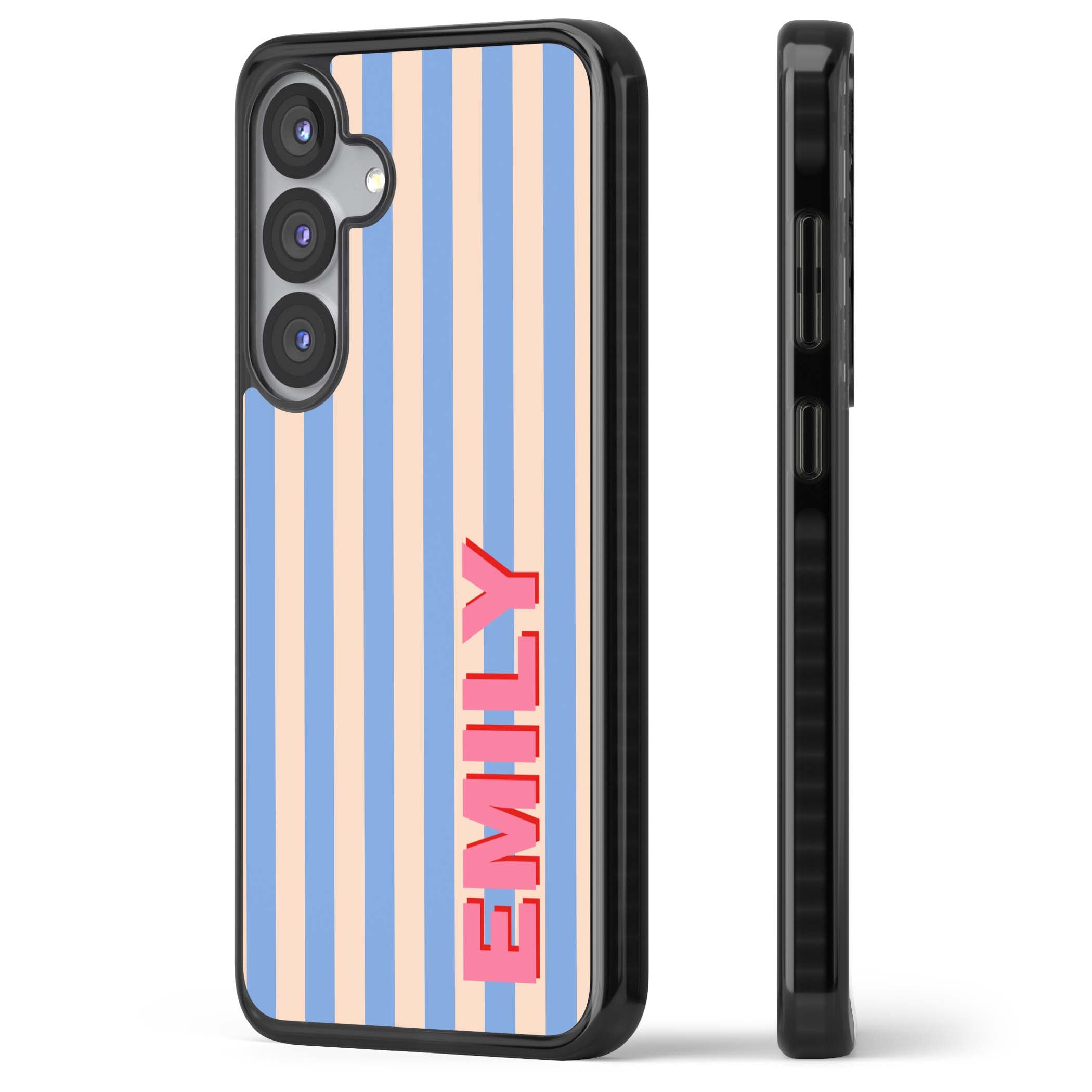 Coastal Stripe personalised coastal iPhone case with blue and peach vertical stripes and custom pink name | Black Impact case for Samsung Galaxy S25, Samsung Galaxy S25 Plus