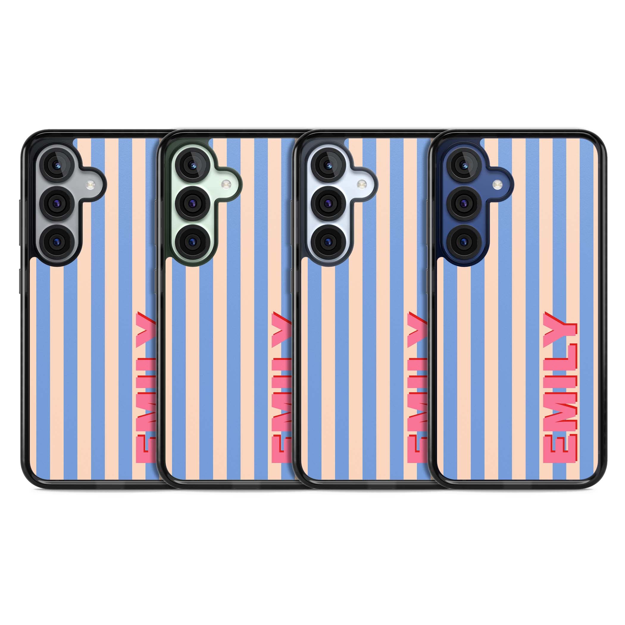 Coastal Stripe personalised coastal iPhone case with blue and peach vertical stripes and custom pink name | Black Impact case for Samsung Galaxy S25, Samsung Galaxy S25 Plus
