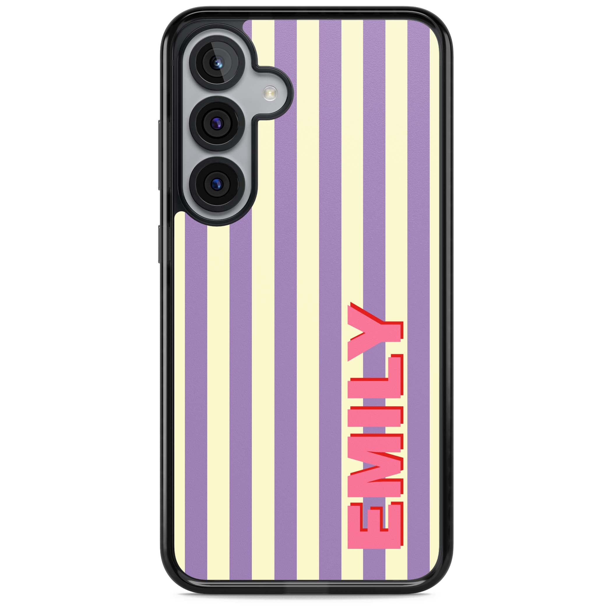 Valensole Stripe personalised iPhone case with purple and cream vertical stripes and pink custom name | Black Impact case for Samsung Galaxy S25, Samsung Galaxy S25 Plus