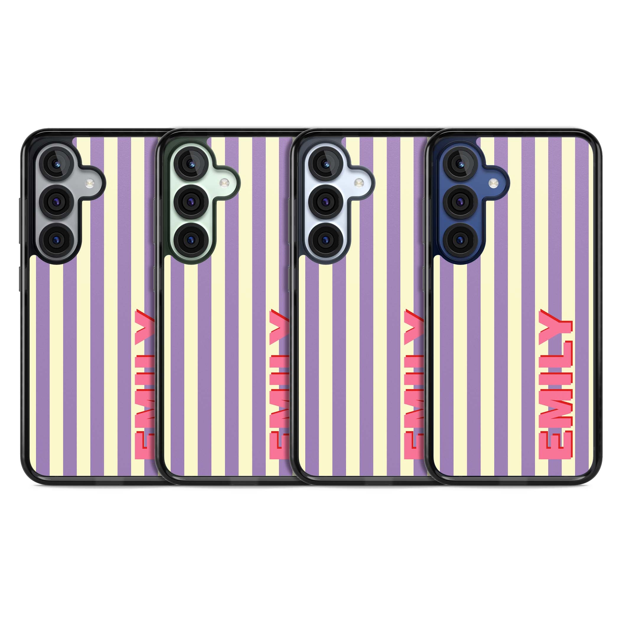 Valensole Stripe personalised iPhone case with purple and cream vertical stripes and pink custom name | Black Impact case for Samsung Galaxy S25, Samsung Galaxy S25 Plus