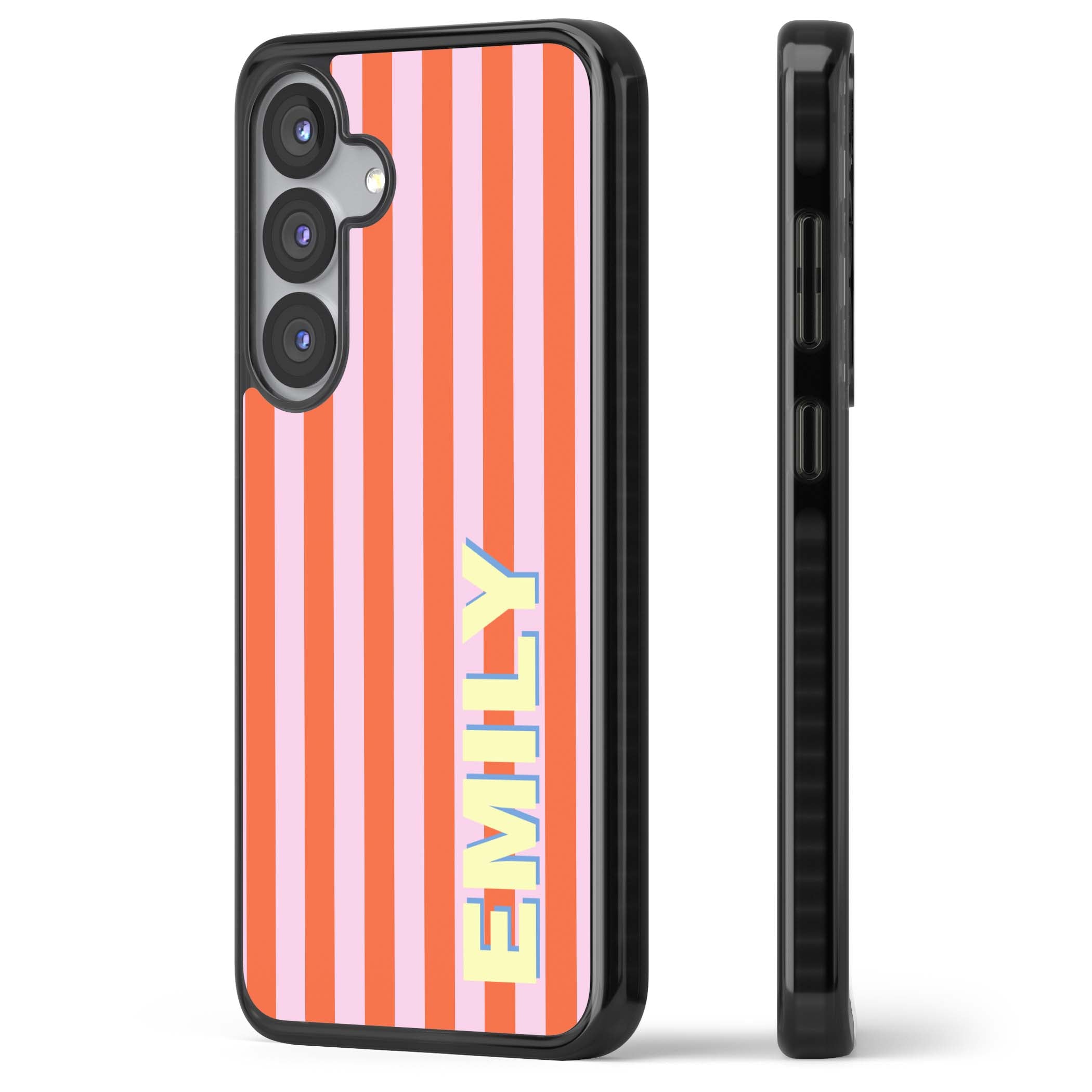 Havana Stripe personalised iPhone case featuring pink and orange vertical stripes with a custom yellow name | Black Impact case for Samsung Galaxy S25, Samsung Galaxy S25 Plus