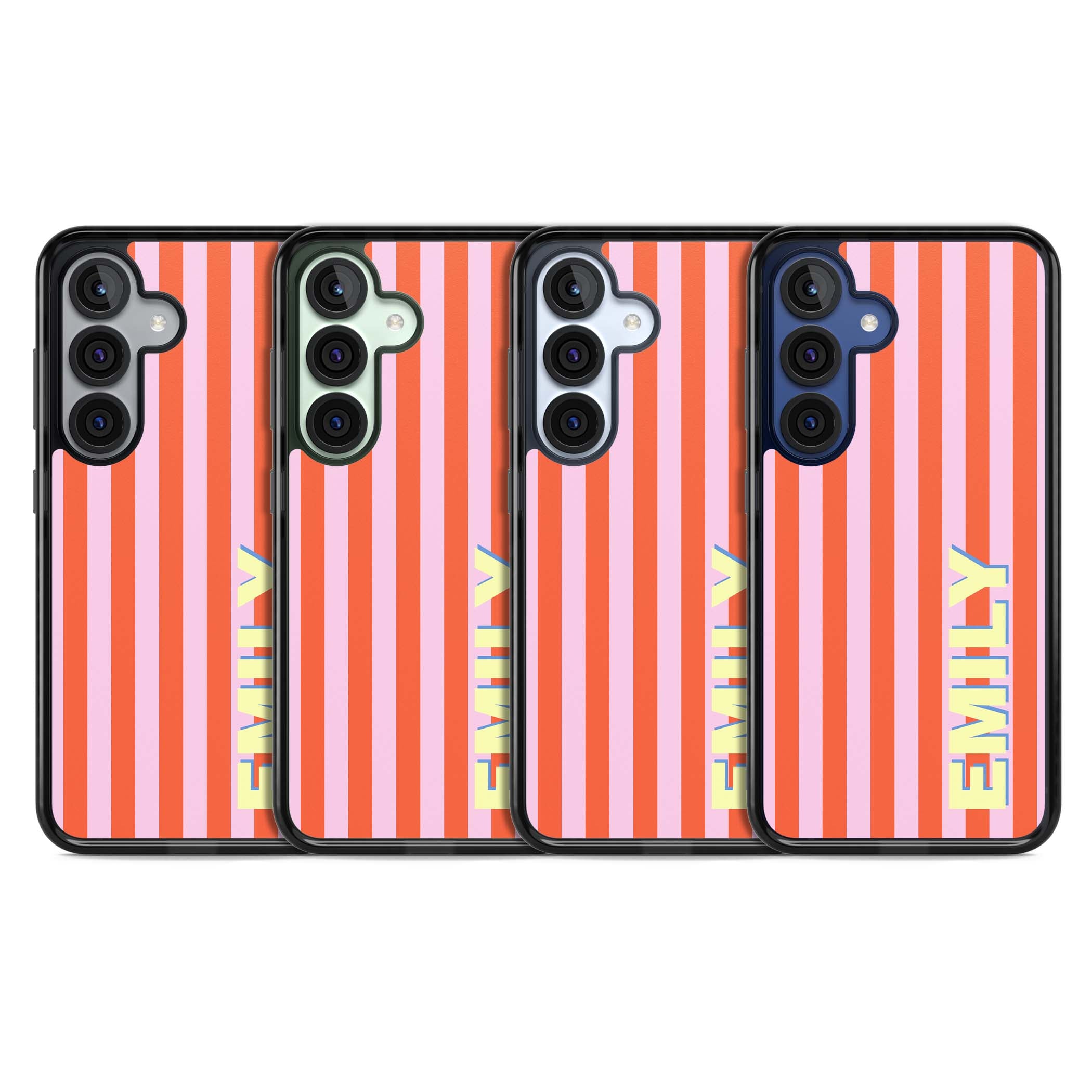 Havana Stripe personalised iPhone case featuring pink and orange vertical stripes with a custom yellow name | Black Impact case for Samsung Galaxy S25, Samsung Galaxy S25 Plus