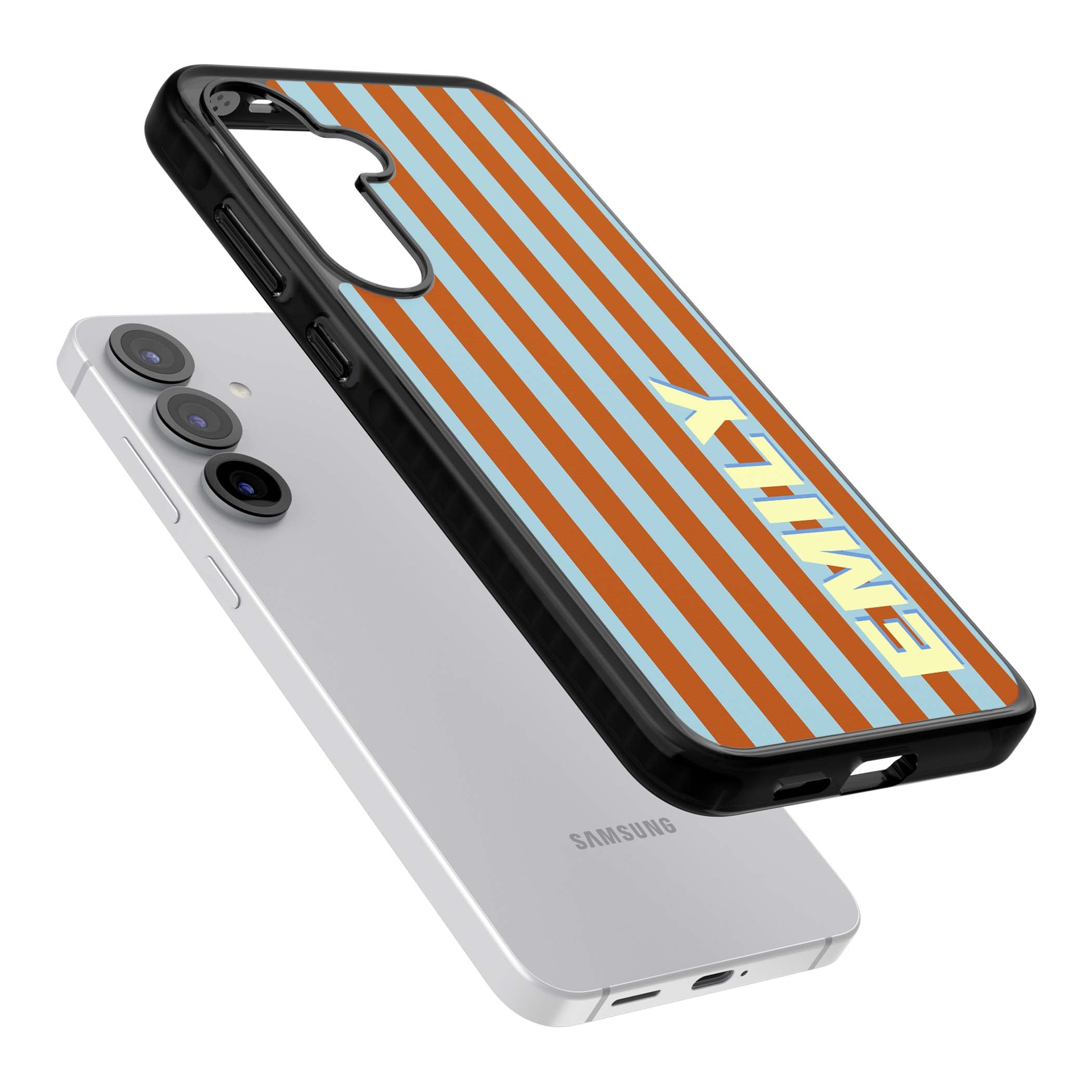 Cappadocia Stripe personalised coastal iPhone case featuring blue and orange vertical stripes with custom cream name | Black Impact case for Samsung Galaxy S25, Samsung Galaxy S25 Plus