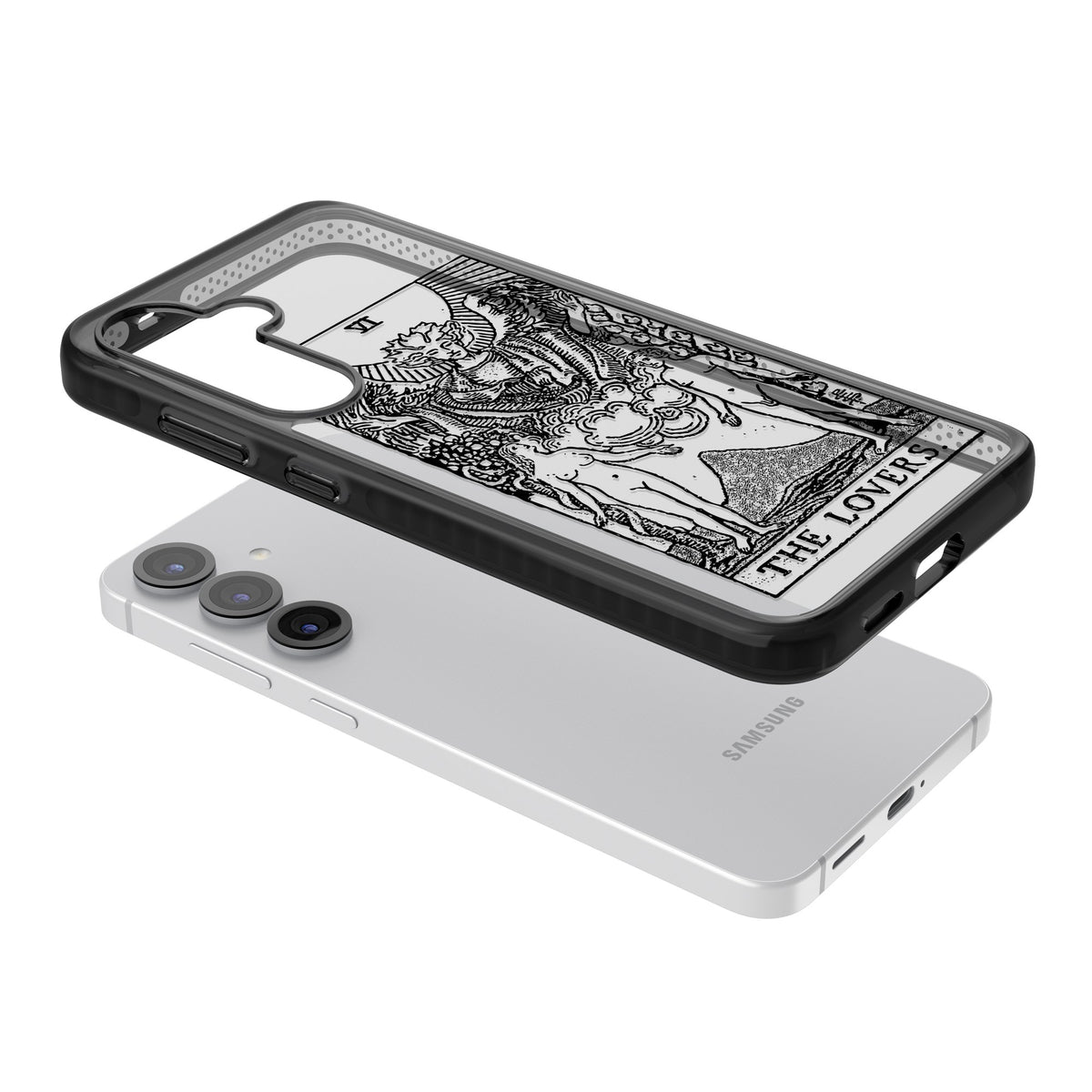 Personalised The Lovers Tarot Card (Clear) Samsung S25 / Samsung S25 Plus / Samsung S26 / Samsung S26 Plus Impact Black Phone Case angled